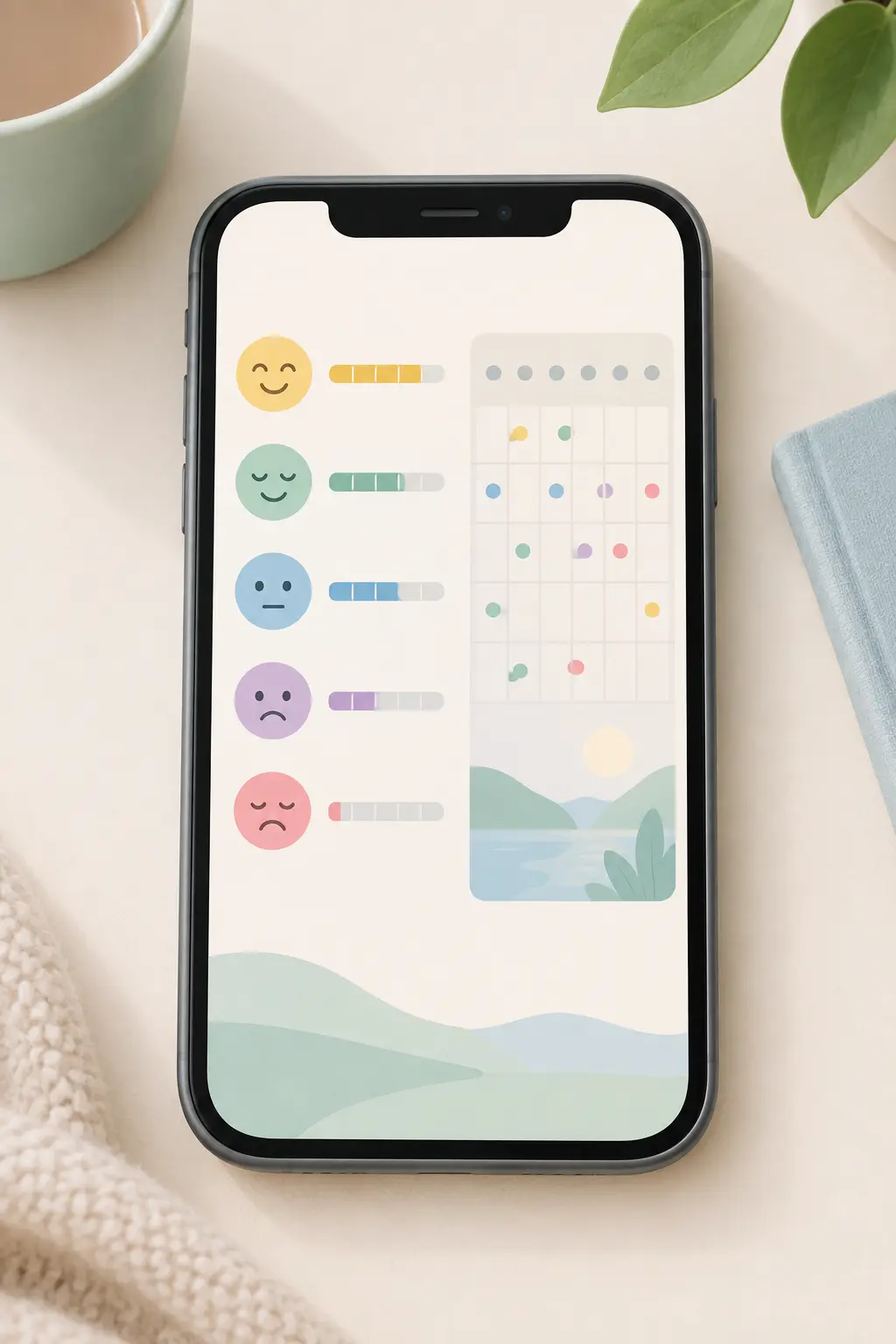 Phone screen with a simple trigger log showing mood icons beside a calendar