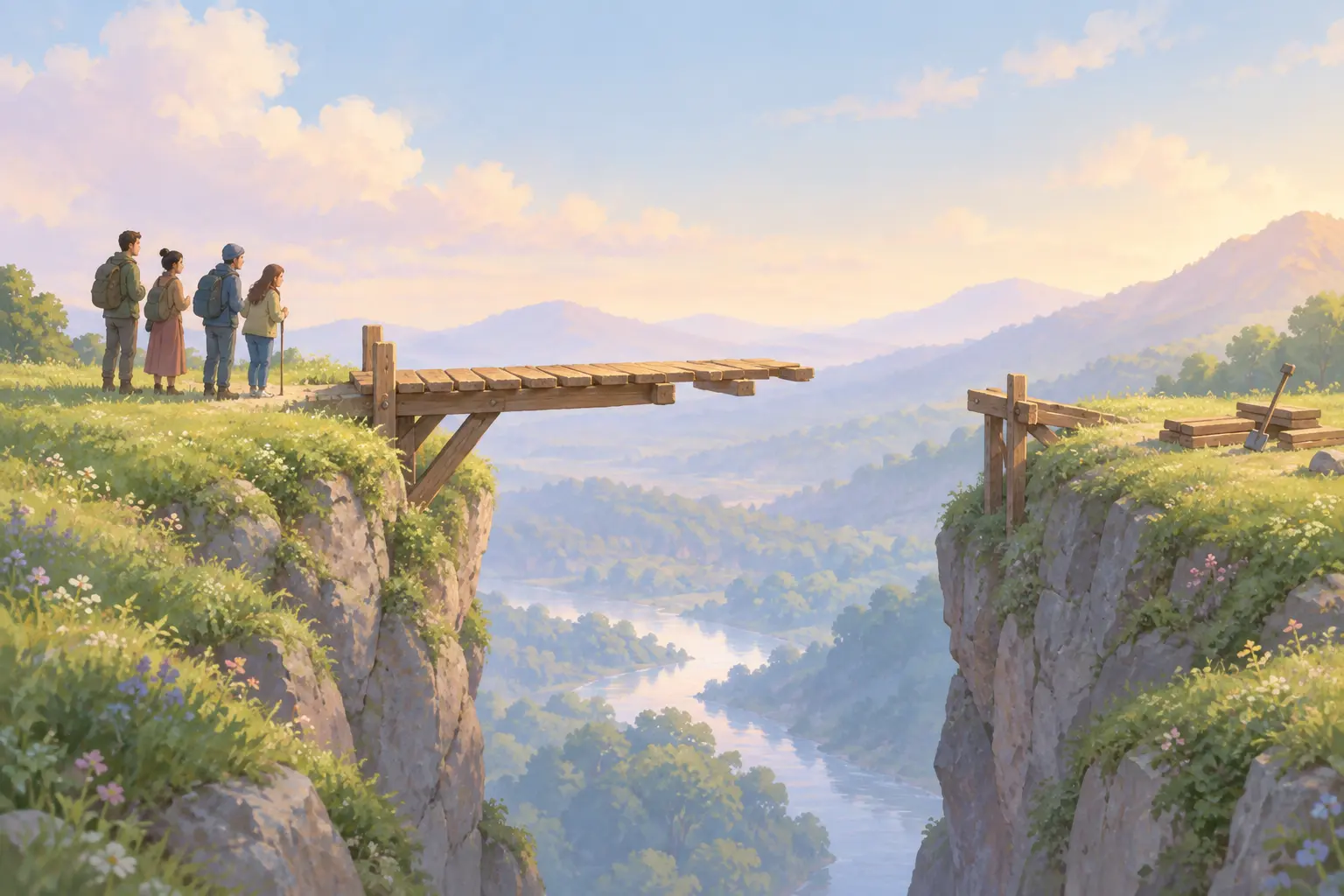 Illustration of a half-built bridge across a gap between two cliffs representing the gap between wanting to quit and quitting successfully