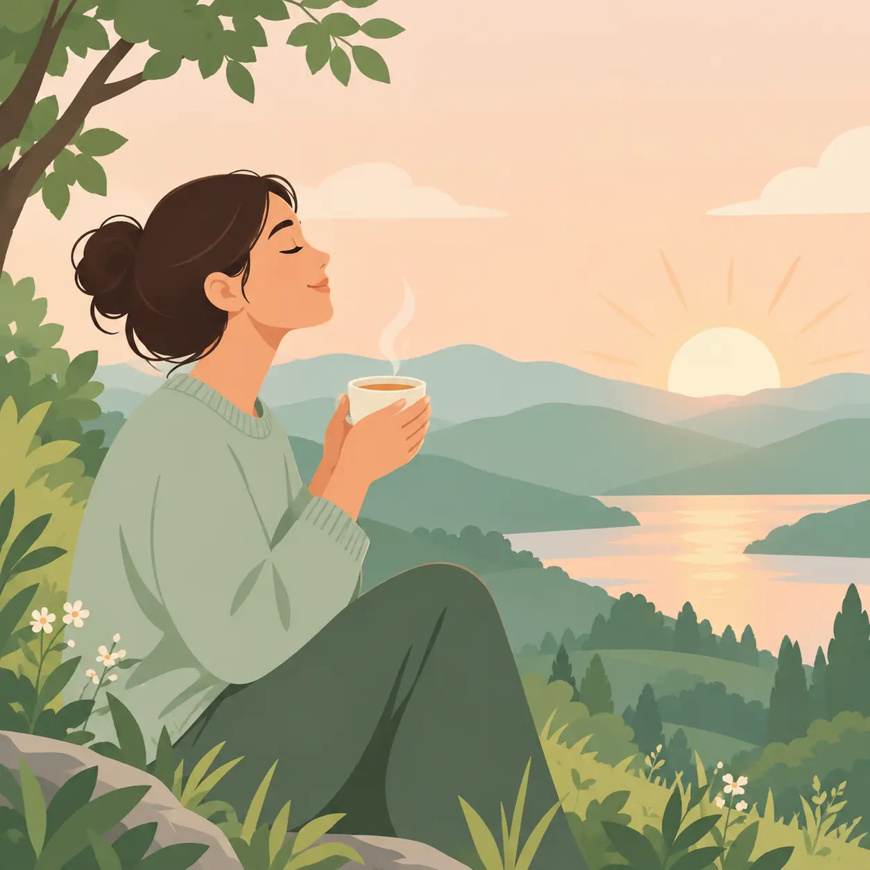 Illustration of a person breathing calmly outdoors with a cup of tea, early days after stopping vaping