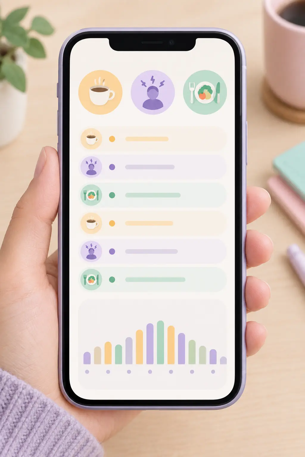 Phone showing a craving log with trigger icons for coffee, stress and meals and a chart of cravings by hour