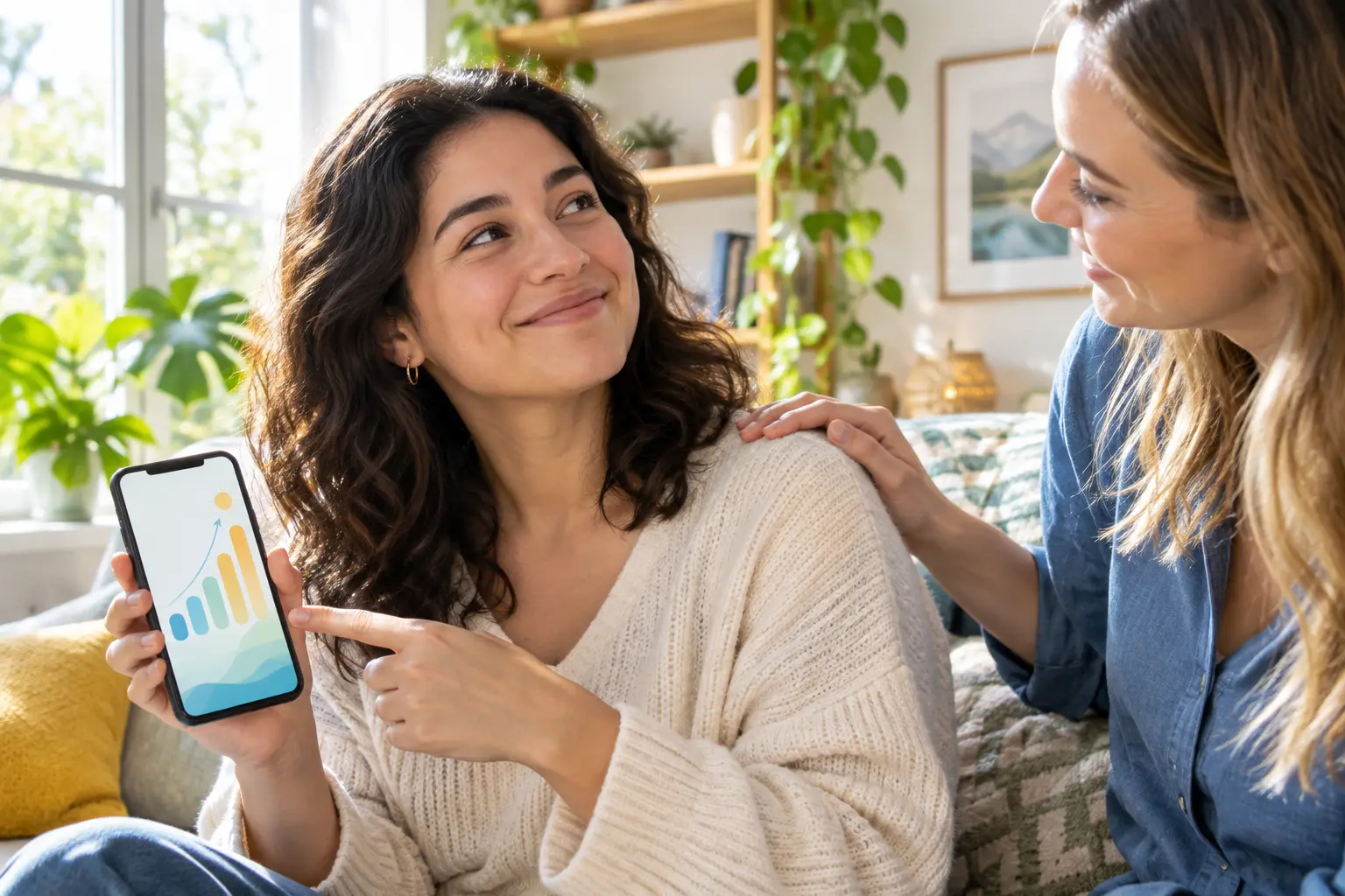 Illustration of a woman with a phone showing a progress chart while a friend places a supportive hand on her shoulder
