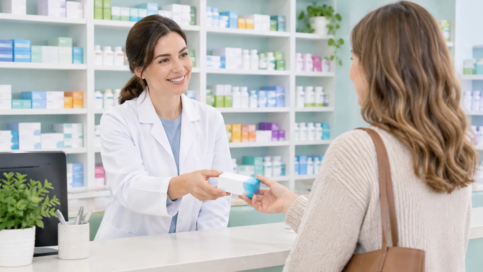 Pharmacist at a counter helping a customer with a nicotine patch question