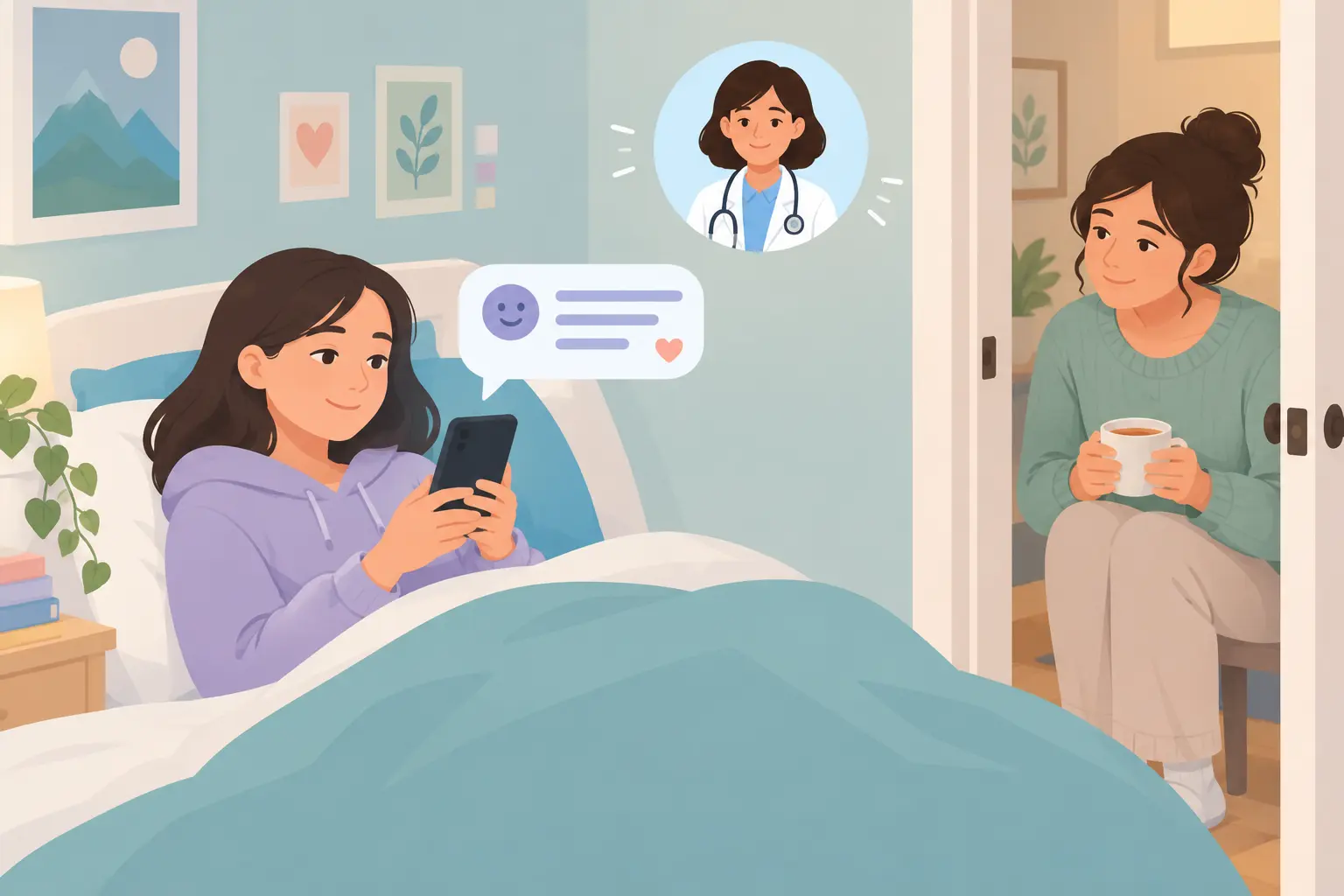 Teenager using a text-message support program with a parent offering quiet support nearby