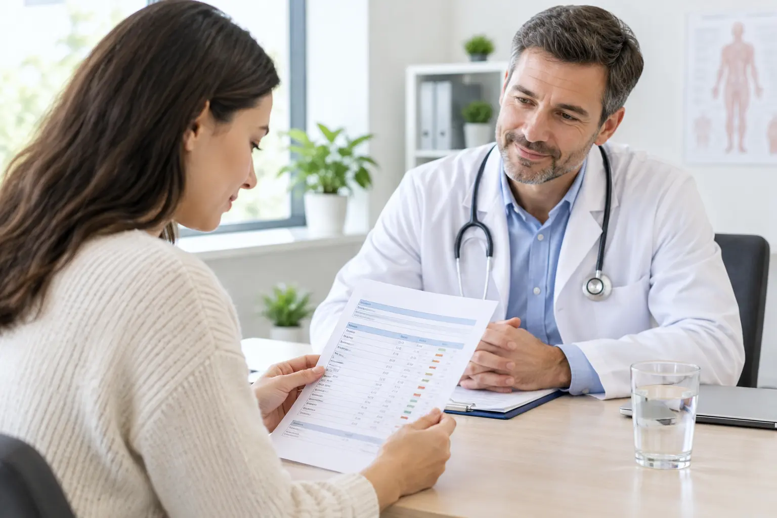 Illustration of a patient and doctor reviewing blood test results together in a bright consulting room