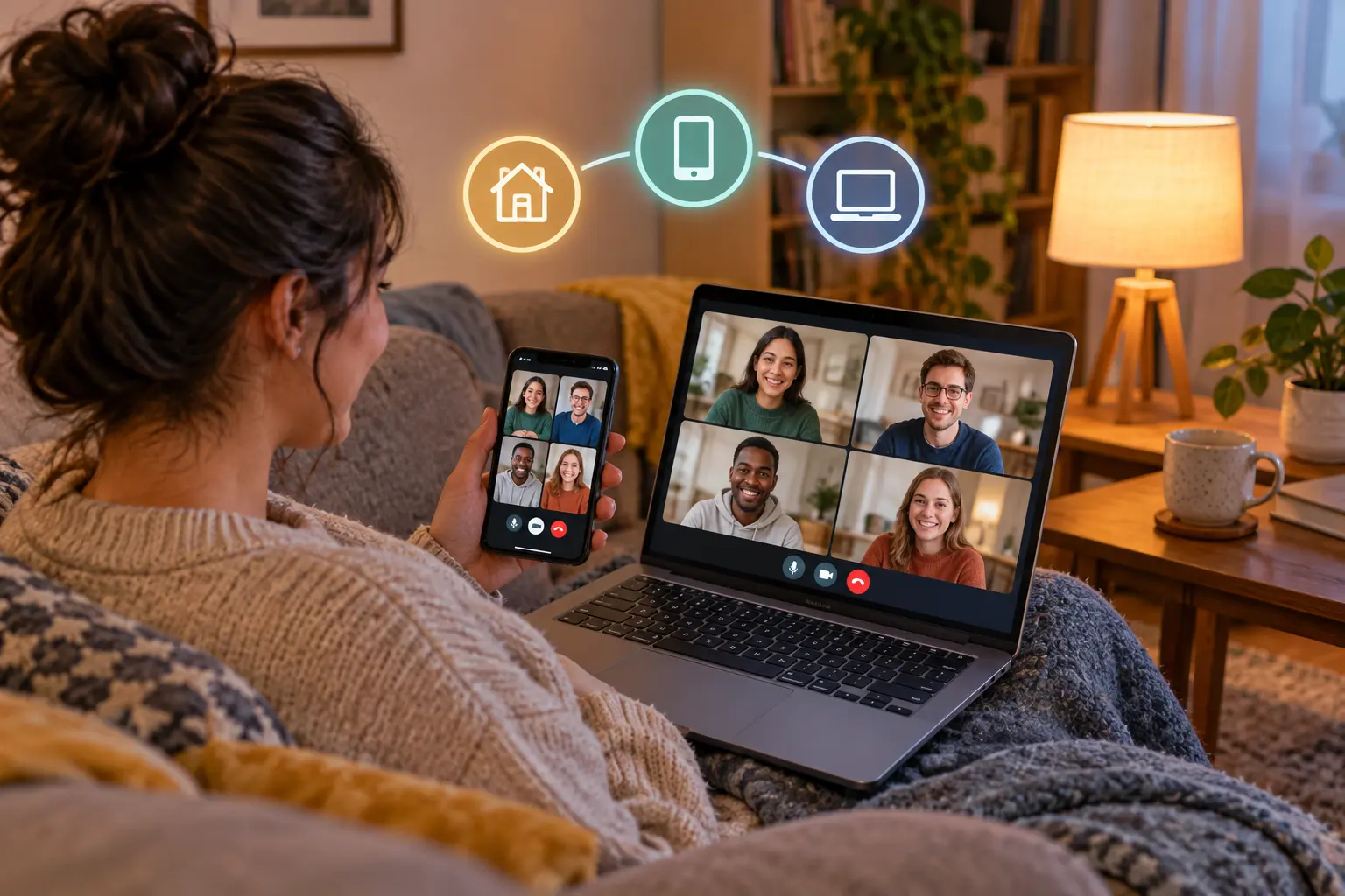 Person at home joining an online support meeting on a laptop with a phone beside them