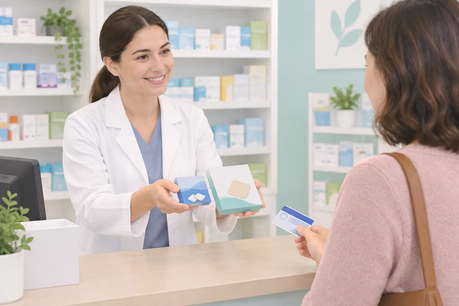Pharmacist handing nicotine gum and patches to a customer at a pharmacy counter, illustrating provincial free NRT in Canada