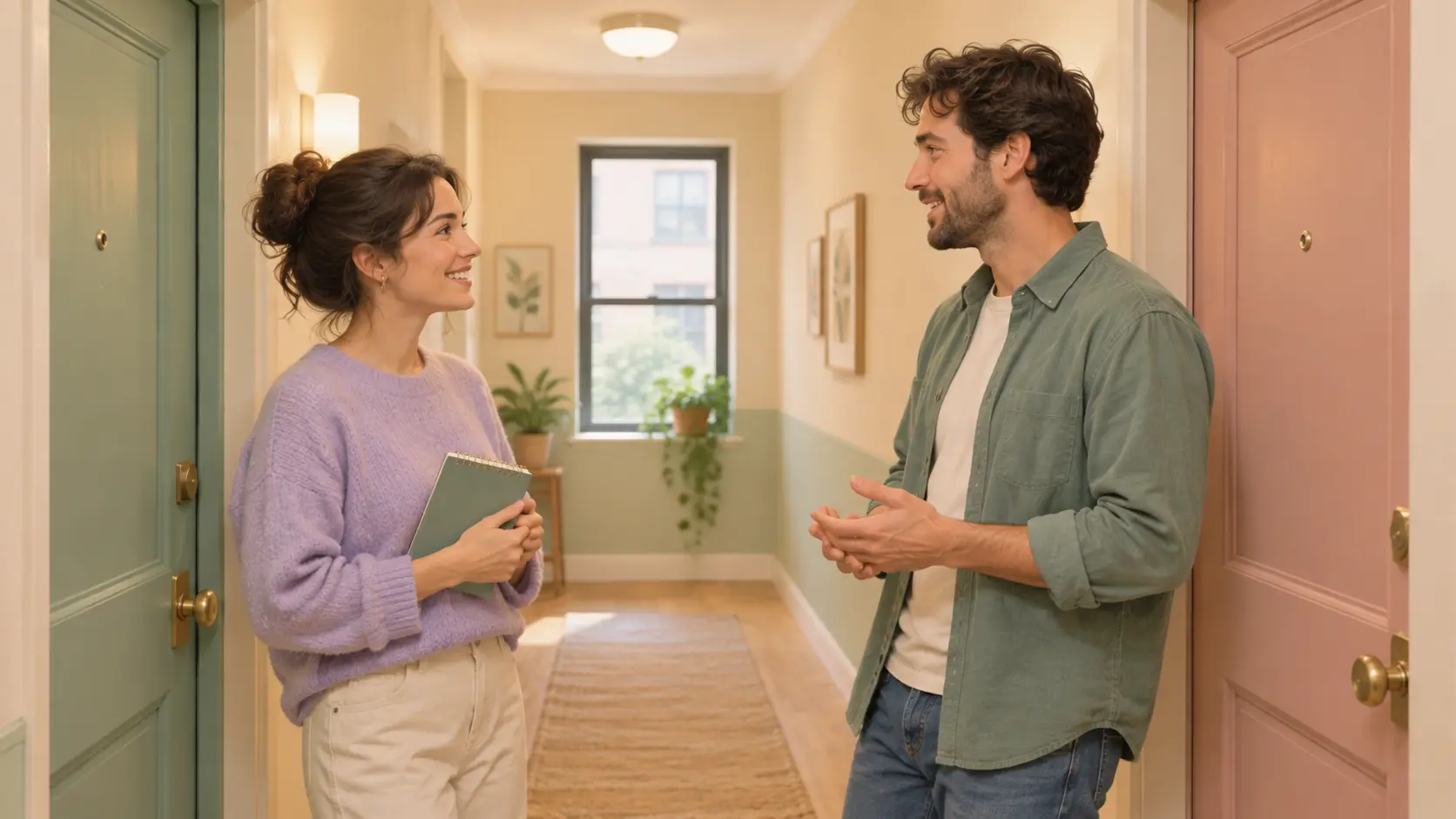 Illustration of two neighbors talking calmly in an apartment hallway, one holding a notebook