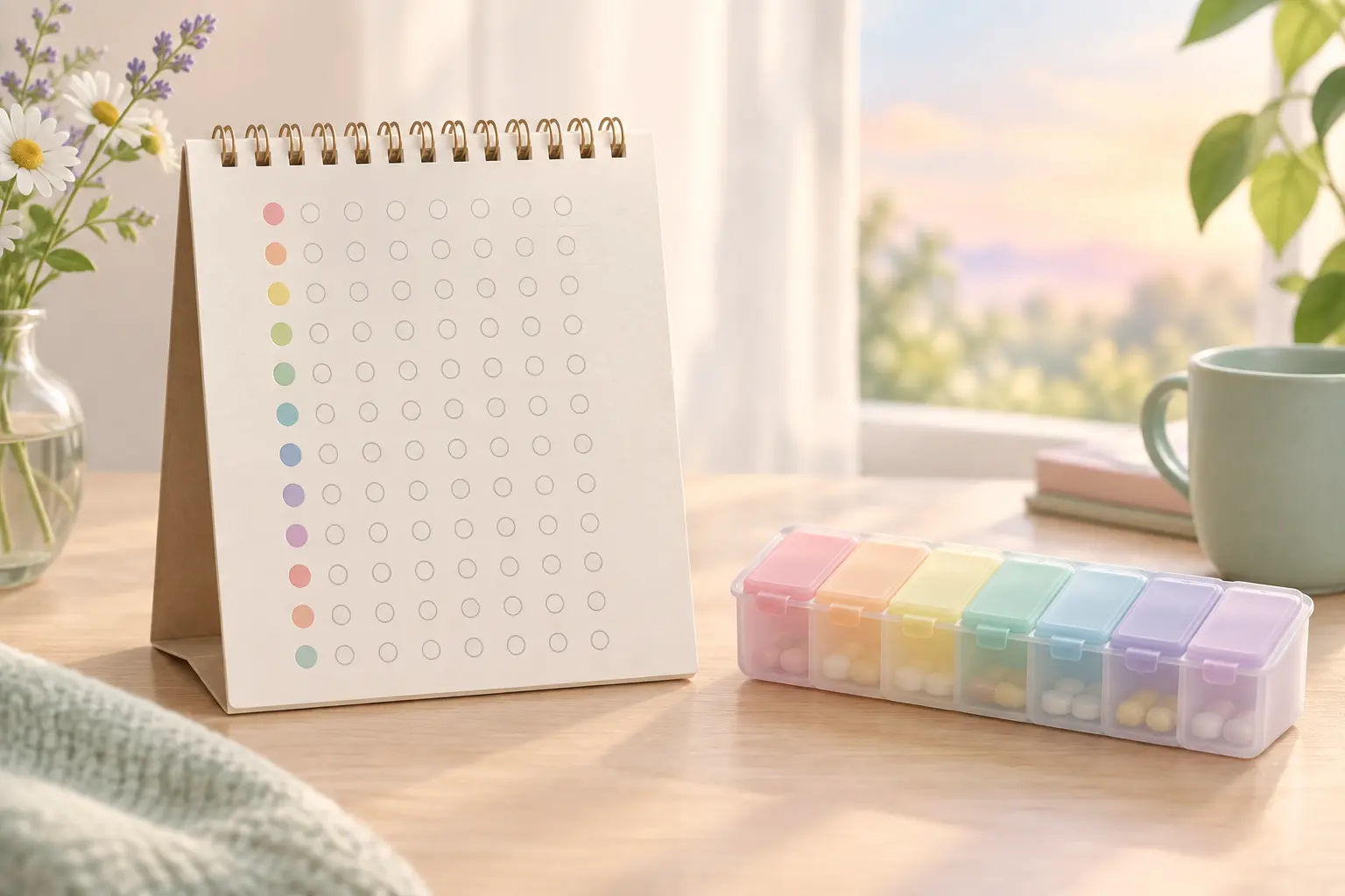 Illustration of a calendar with weeks marked beside a pill organizer, representing a 12-week varenicline course