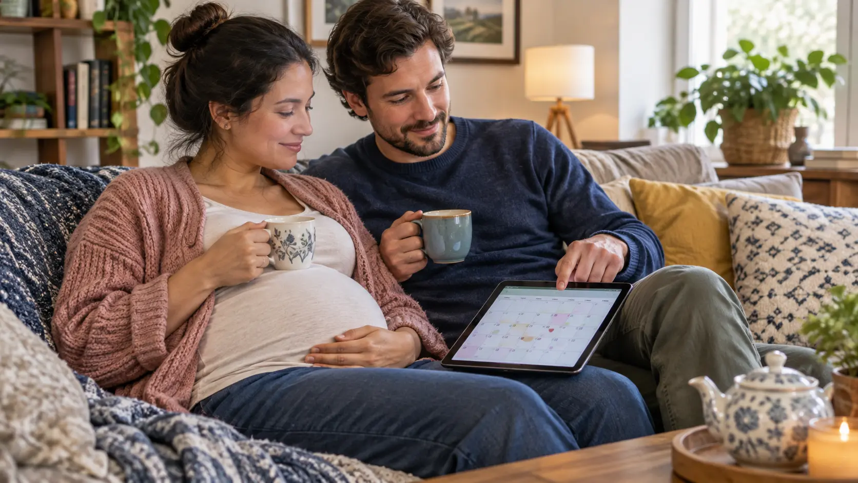 Illustration of a pregnant woman and her partner on a sofa planning together with a tablet