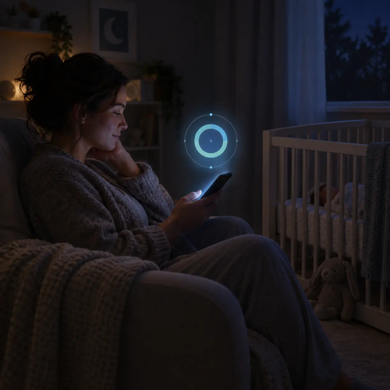 Illustration of a parent in a quiet nursery at night using a phone to ride out a craving during a night feed