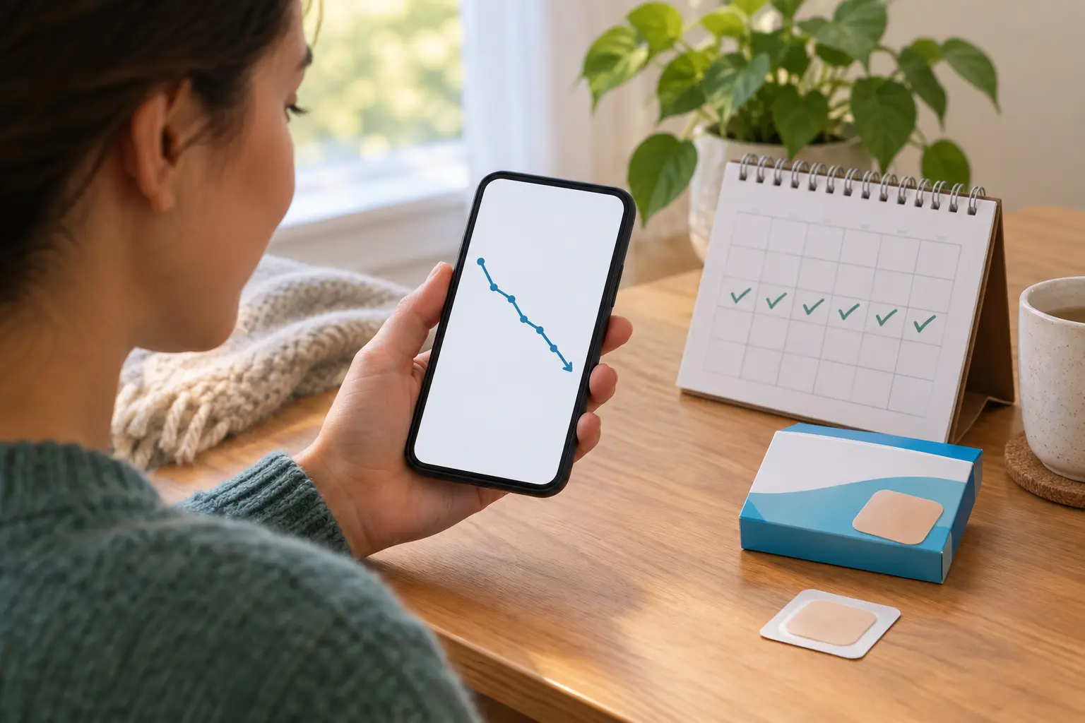Illustration of a person reviewing a craving log on a phone beside a calendar and a patch box