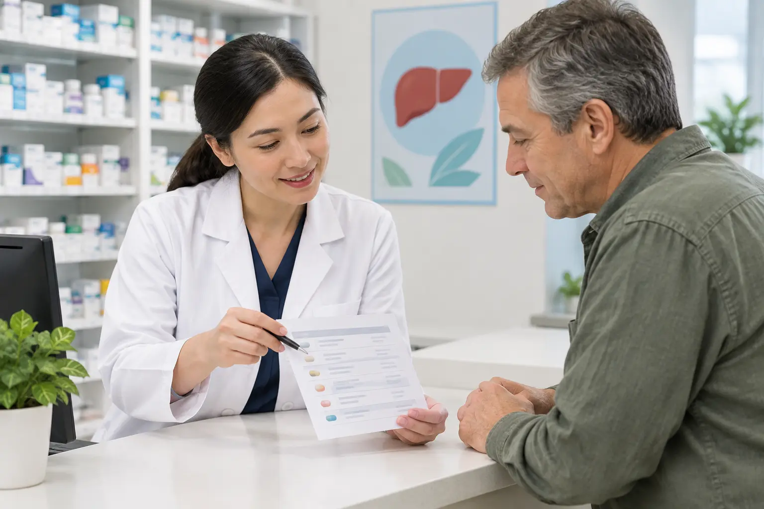 Illustration of a pharmacist and a patient reviewing a medicine list with a liver poster behind them