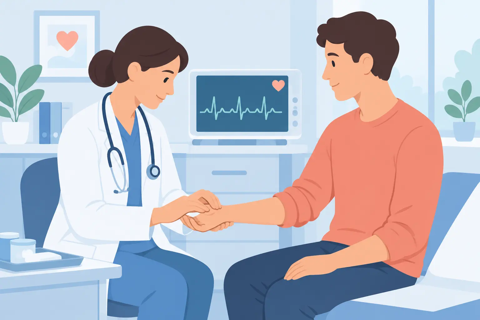 Illustration of a clinician checking a patient's pulse beside a heart rhythm monitor