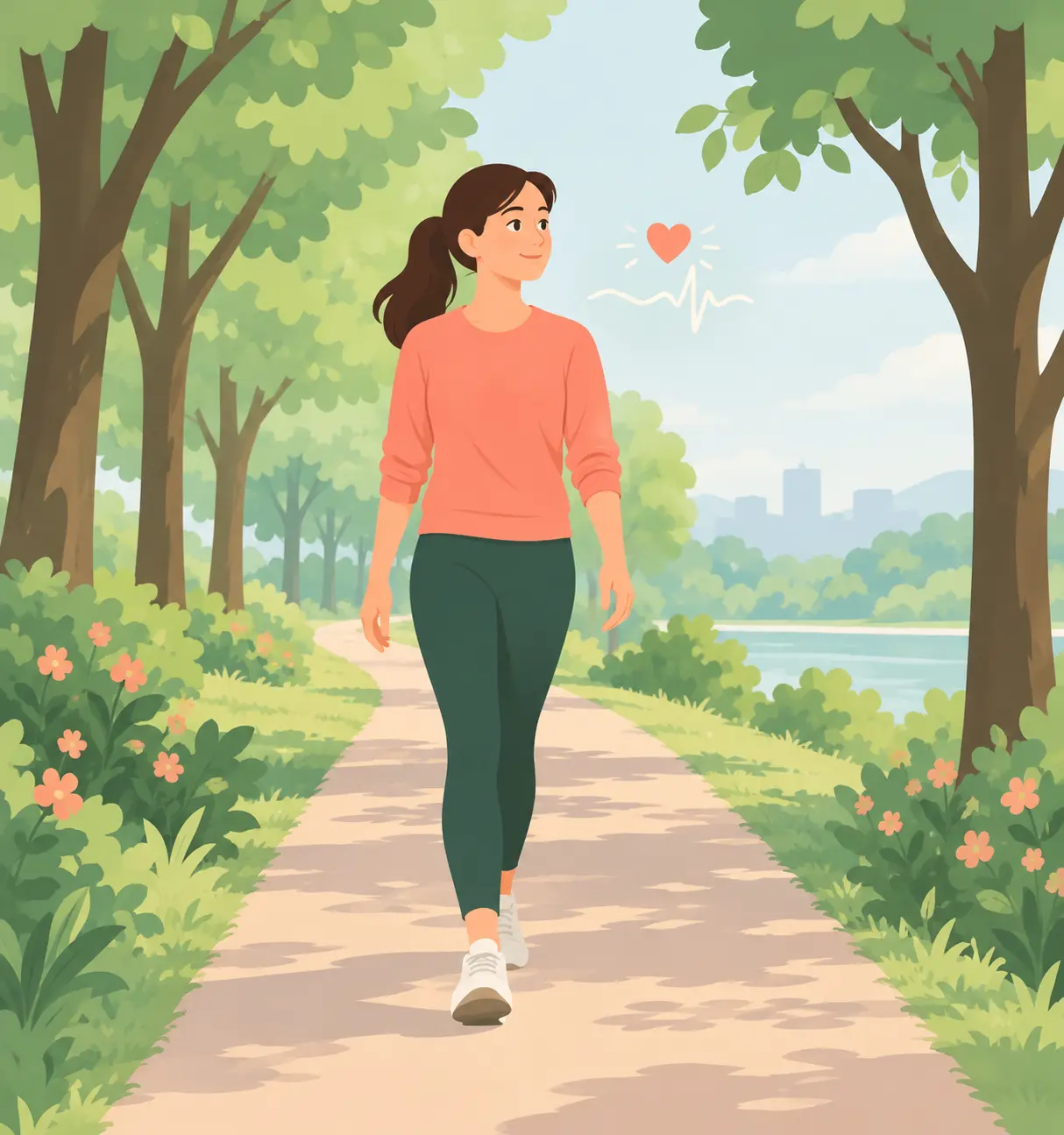 Illustration of a person walking calmly outdoors with a small steady heart rhythm line beside them