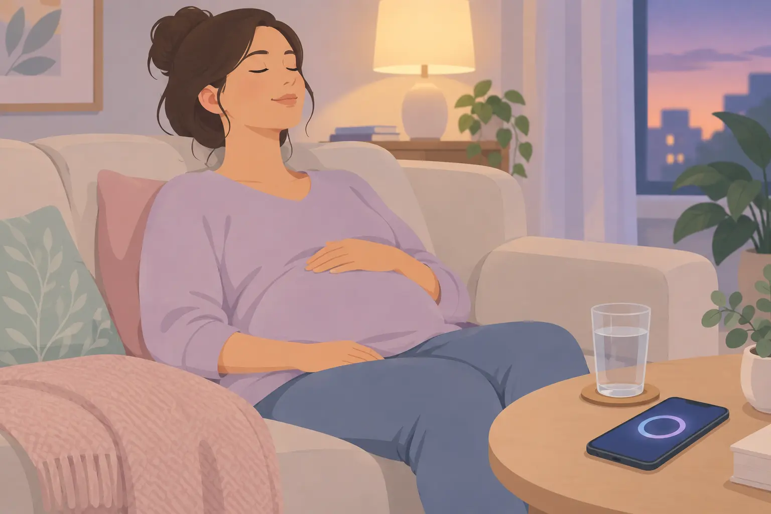 Illustration of a pregnant woman on a sofa taking a slow breath with a phone showing a breathing circle
