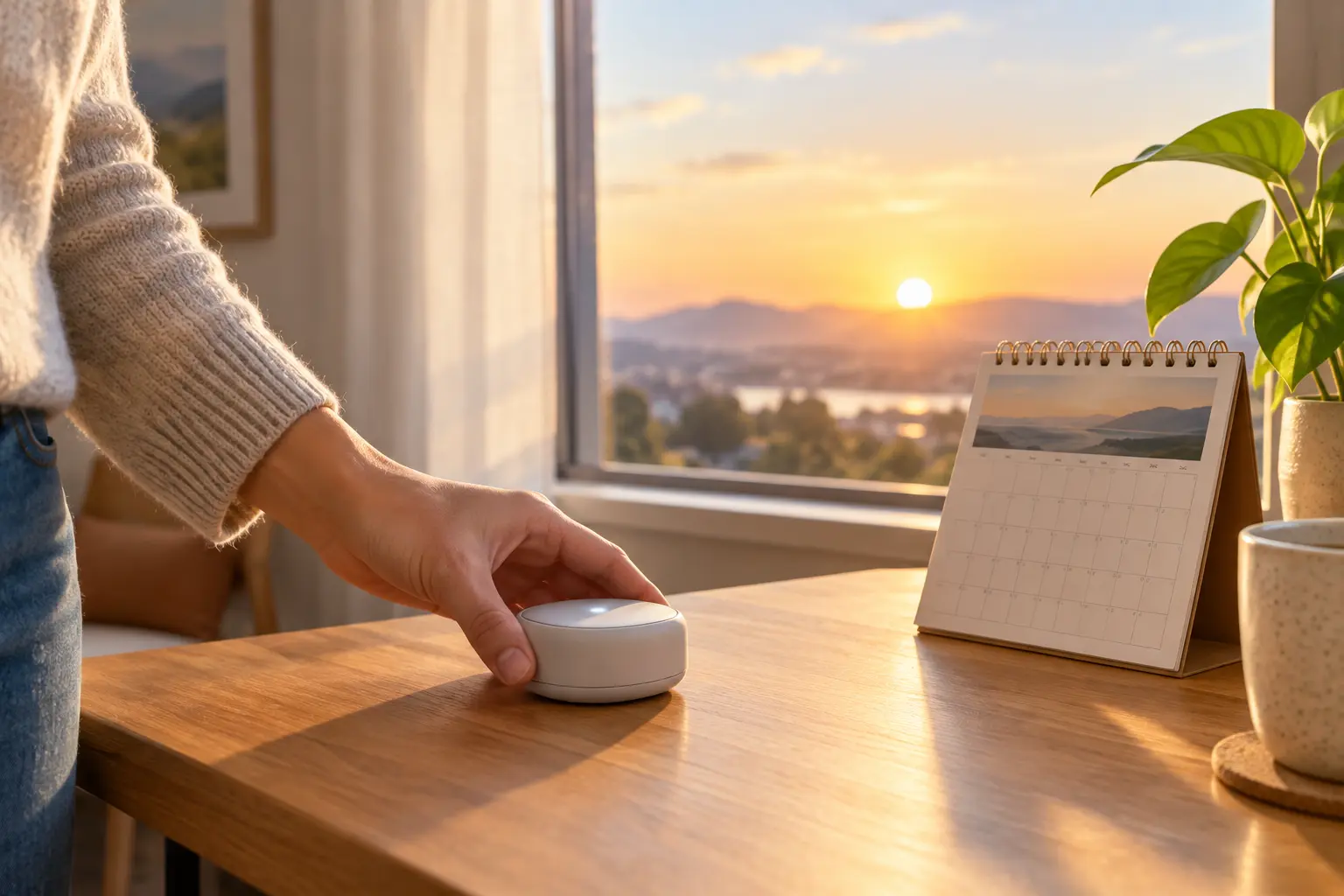 Illustration of a person setting a vape device down beside a calendar and a sunrise