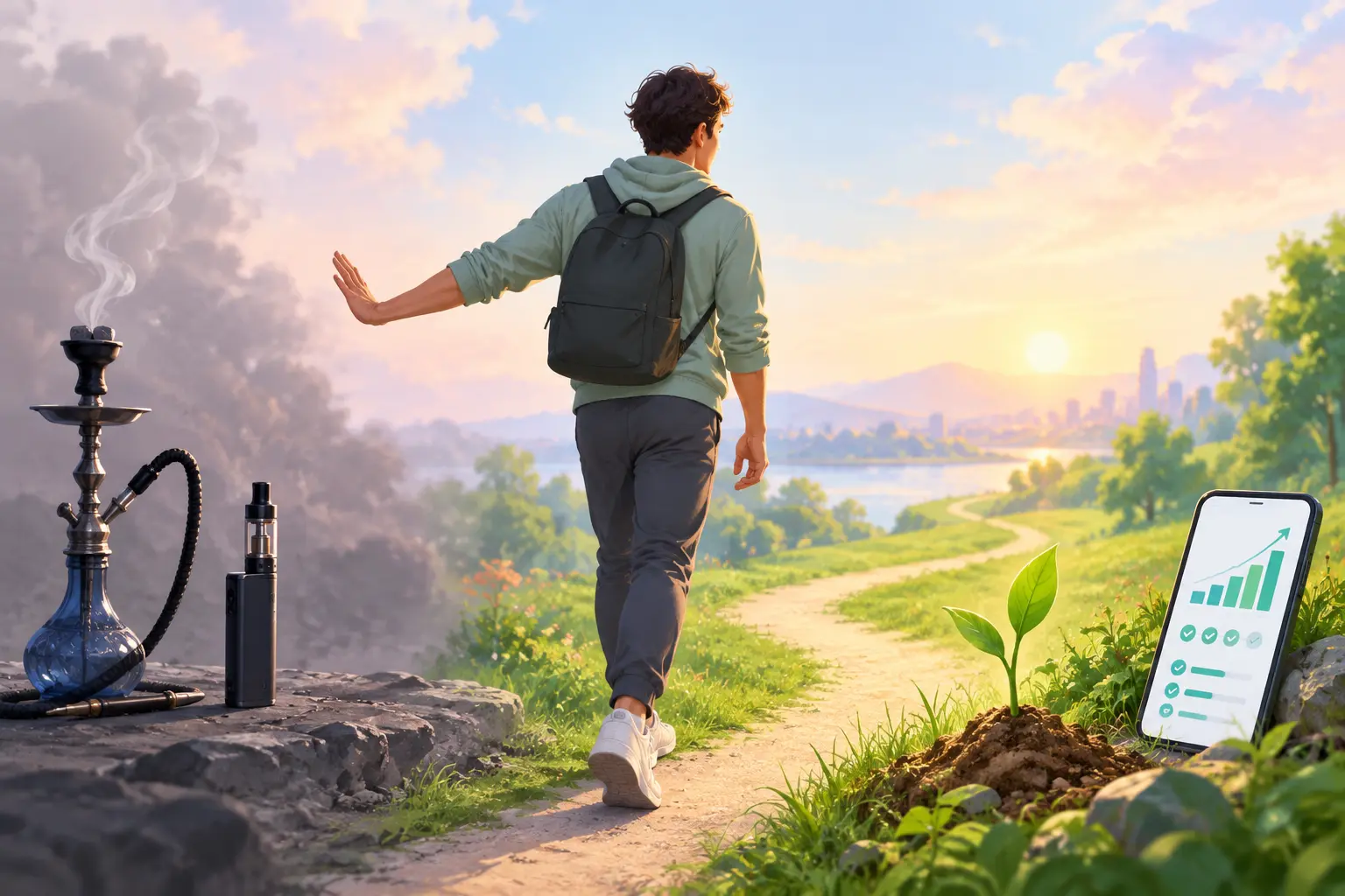 Illustration of a person turning away from a hookah and a vape toward a green path and a phone progress chart