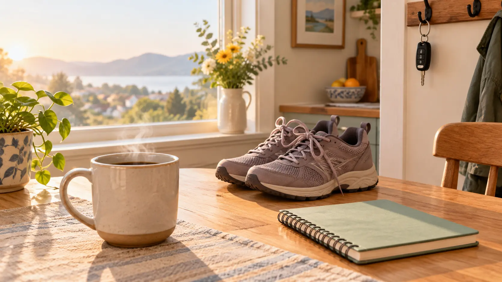Illustration of a coffee mug, walking shoes and notebook on a kitchen table by a window as a new morning routine