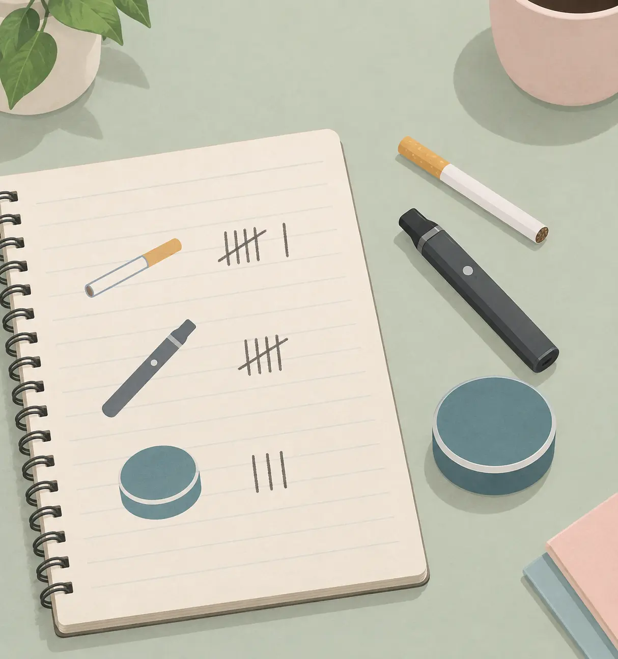 A notebook page with tally marks beside a cigarette, a vape pen and a nicotine pouch tin drawn as simple shapes
