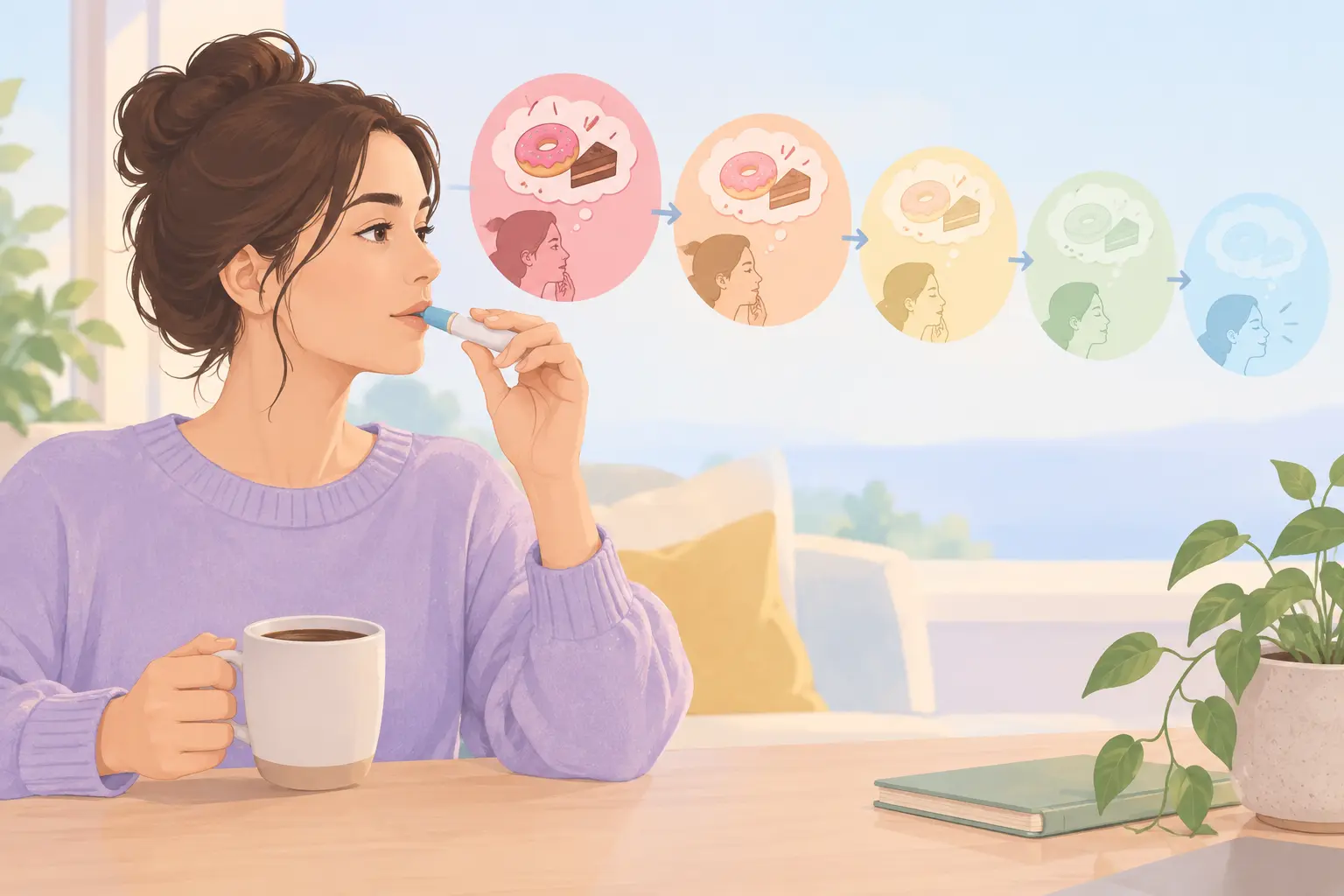 Illustration of a person using a pen-shaped inhaler as a hand-to-mouth substitute during a craving
