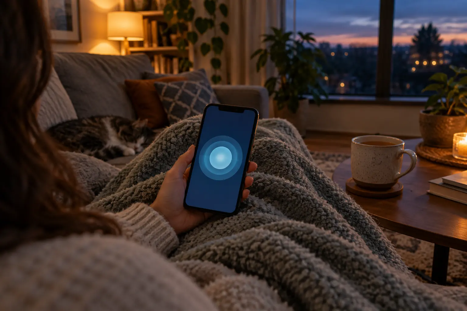Illustration of a person on a sofa using a phone app with a calm breathing circle during a craving