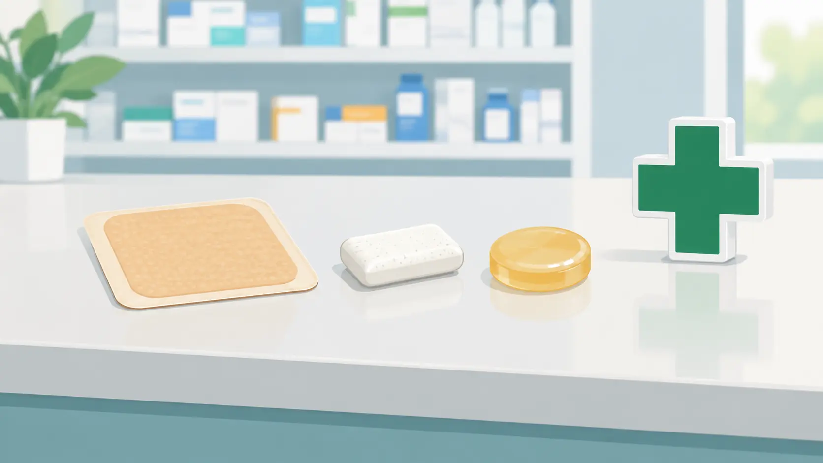 Illustration of a patch, gum and lozenge on a pharmacy counter representing nicotine replacement therapy