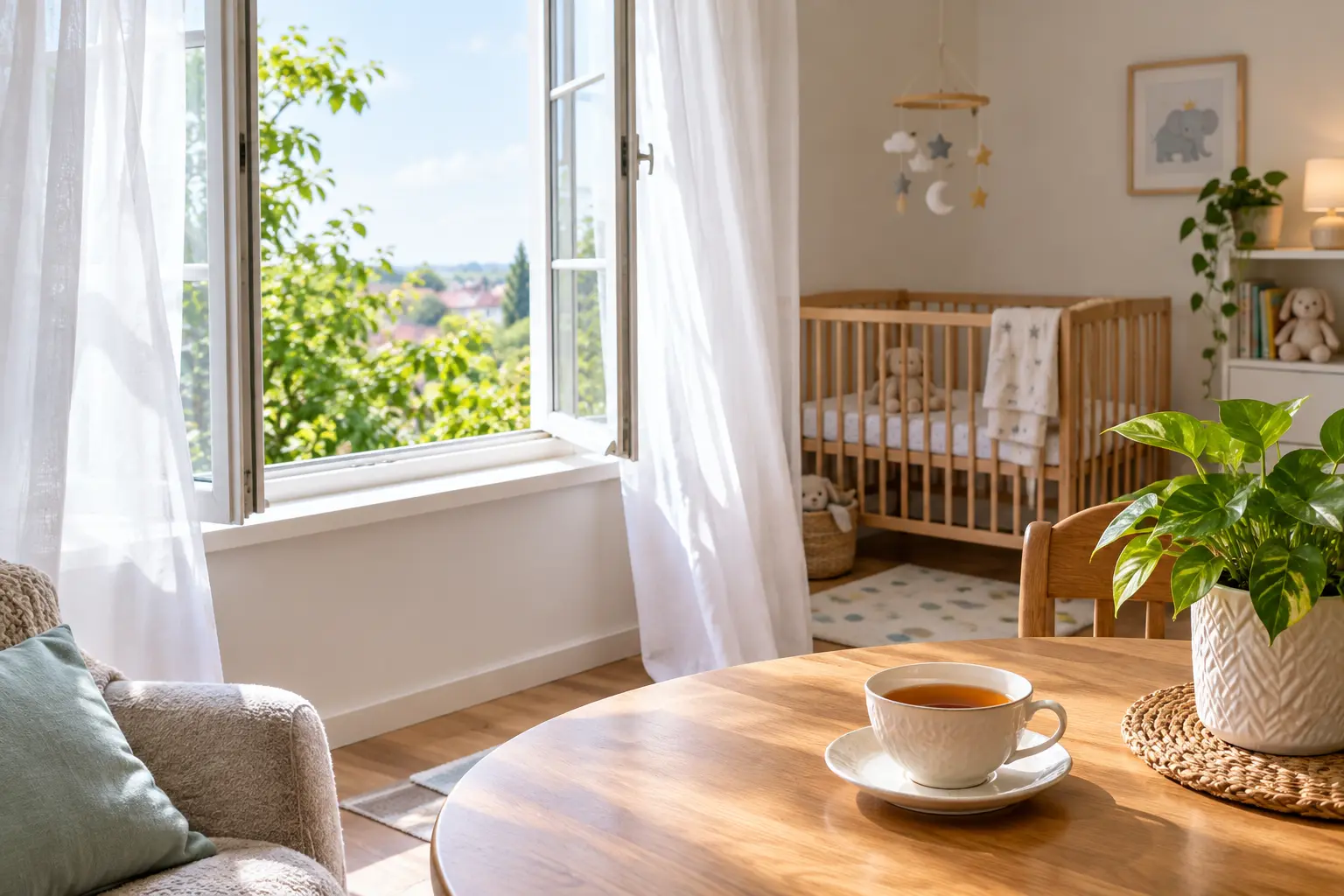 Illustration of a bright smoke-free living room with an open window and a crib, representing a smoke-free home for a baby