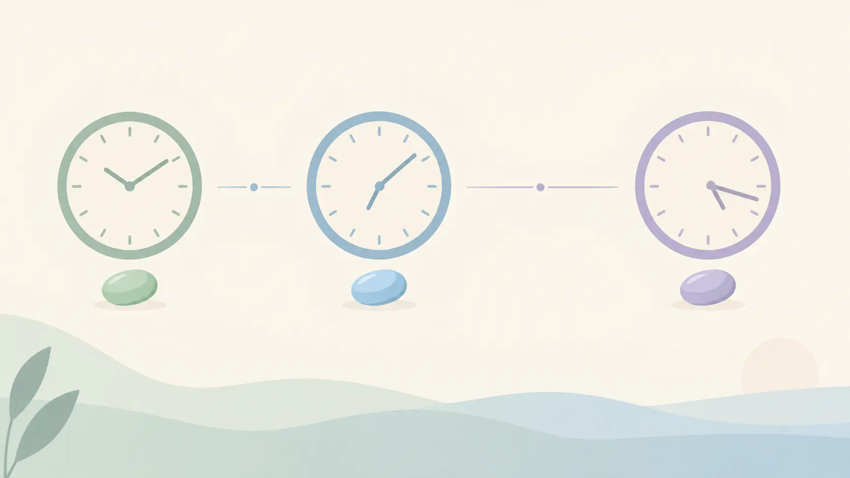 Illustration of three clocks showing gradually longer gaps between lozenges