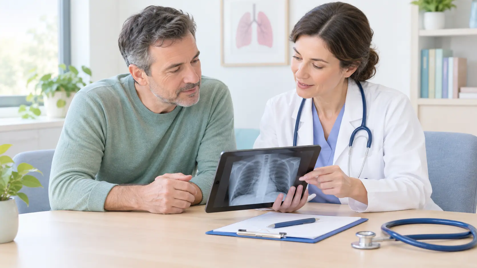 Illustration of a middle-aged patient and a doctor reviewing a chest scan on a tablet
