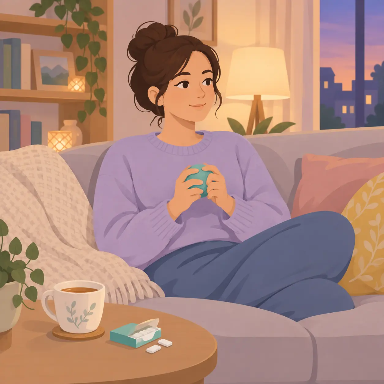 Illustration of a person relaxing with tea, gum and a stress ball to replace an oral habit
