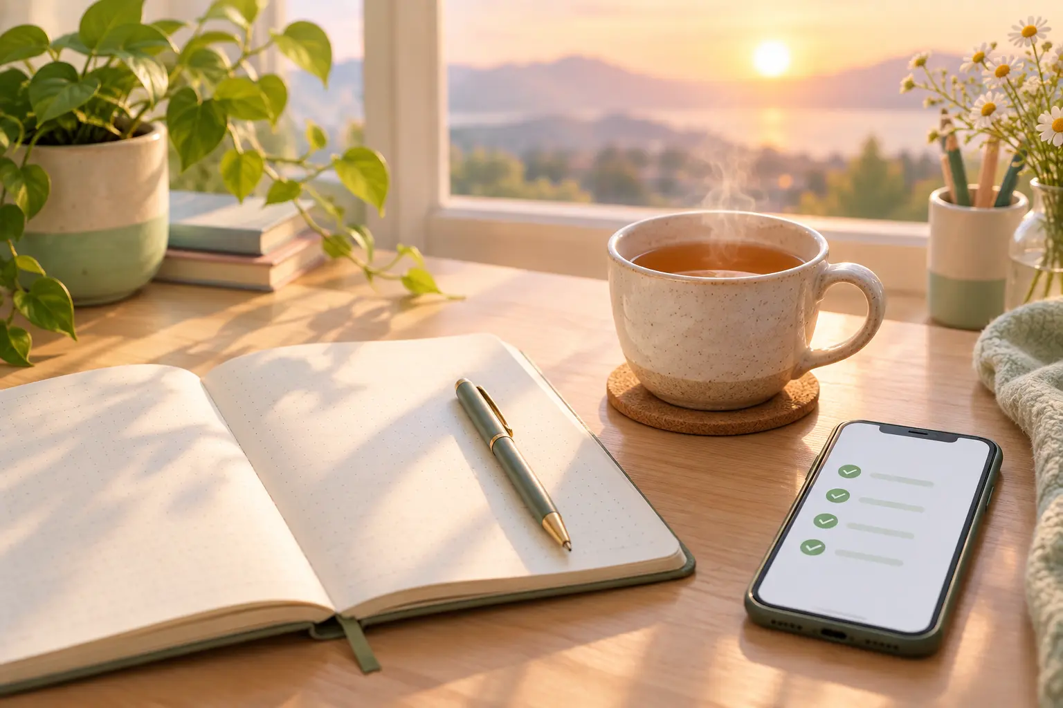 Illustration of a morning desk with a notebook, tea and a phone showing a checklist for a daily quit routine