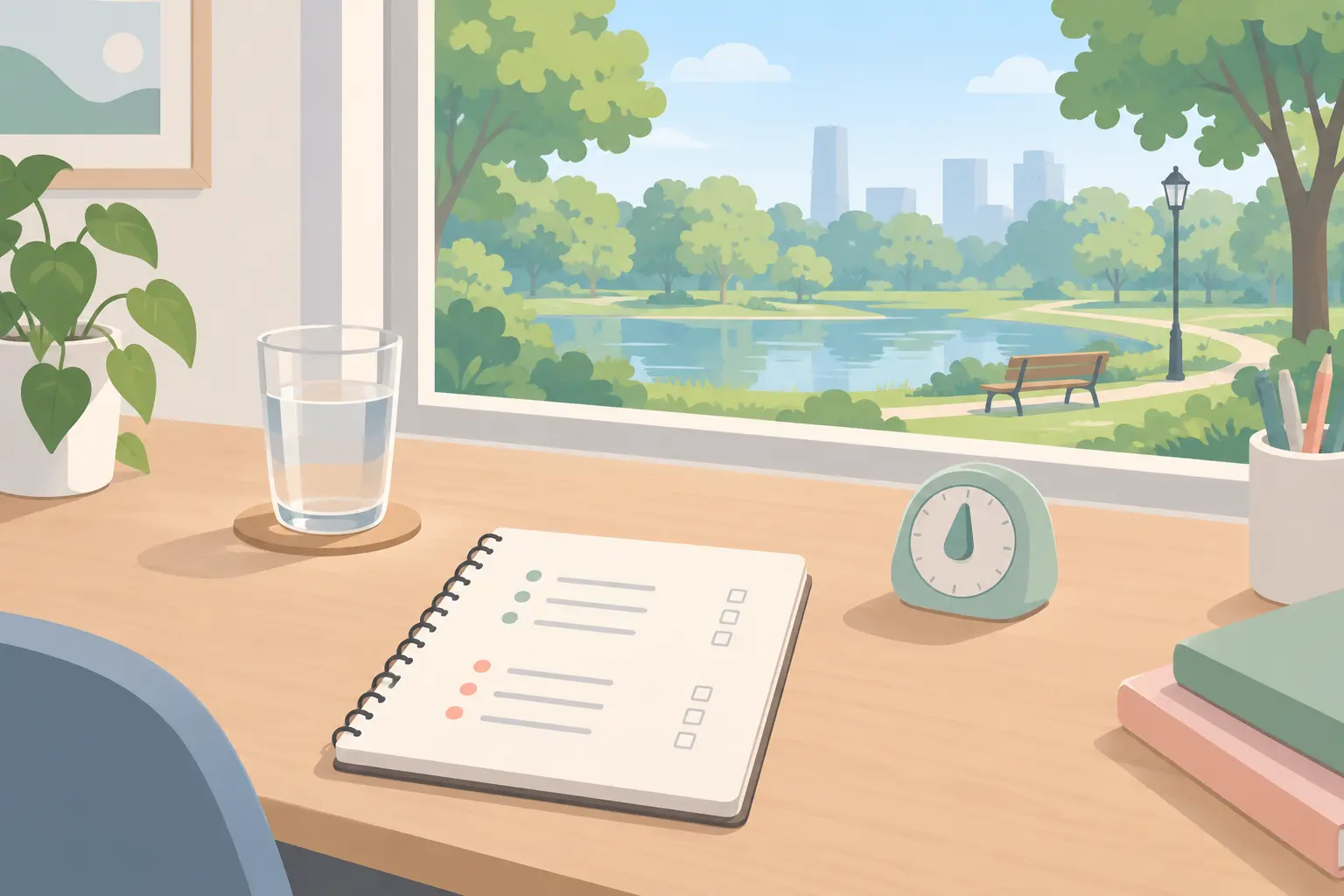 Tidy desk with a glass of water, a timer and a notebook with short task lists