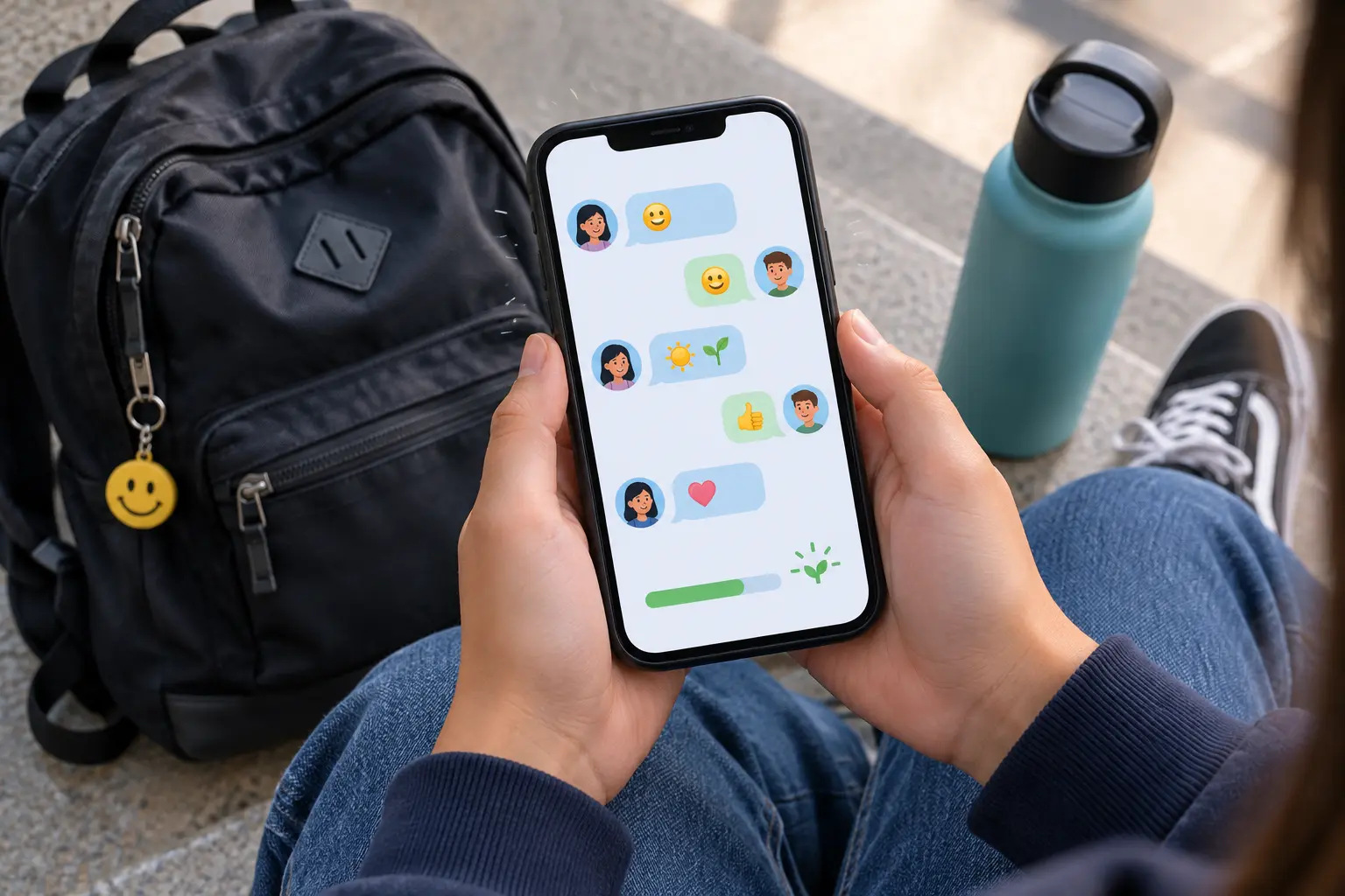 Illustration of a teenager holding a phone with friendly chat bubbles and a progress bar, representing free text-message quit support