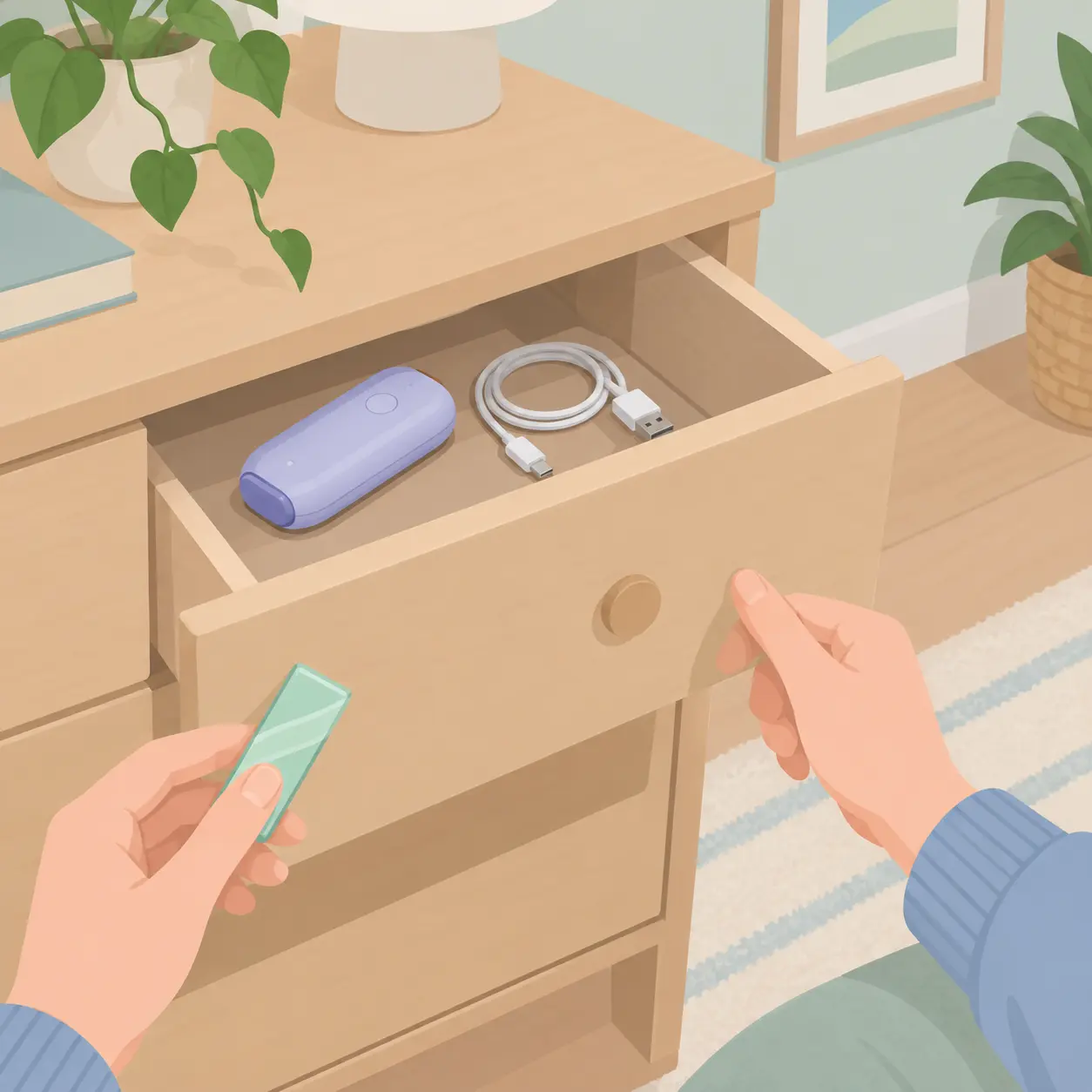 Illustration of a handheld device and charger being put away in a drawer while a hand holds gum instead