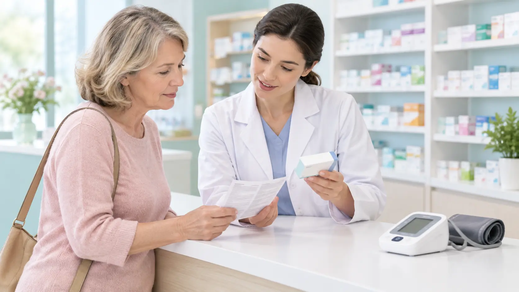 Illustration of a patient and pharmacist reviewing a medicine leaflet beside a blood pressure monitor