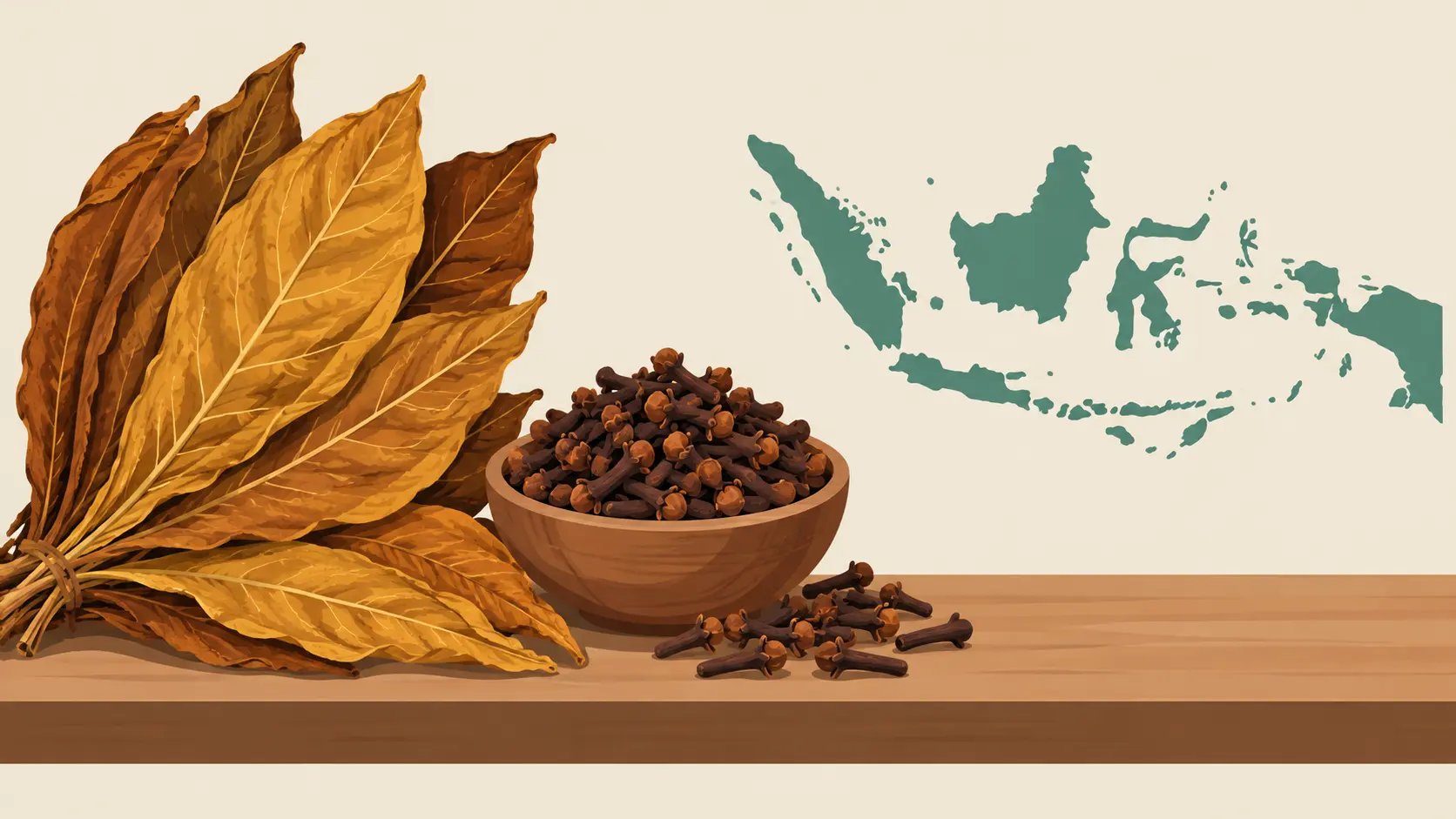 Illustration of tobacco leaves and dried clove buds representing kretek ingredients