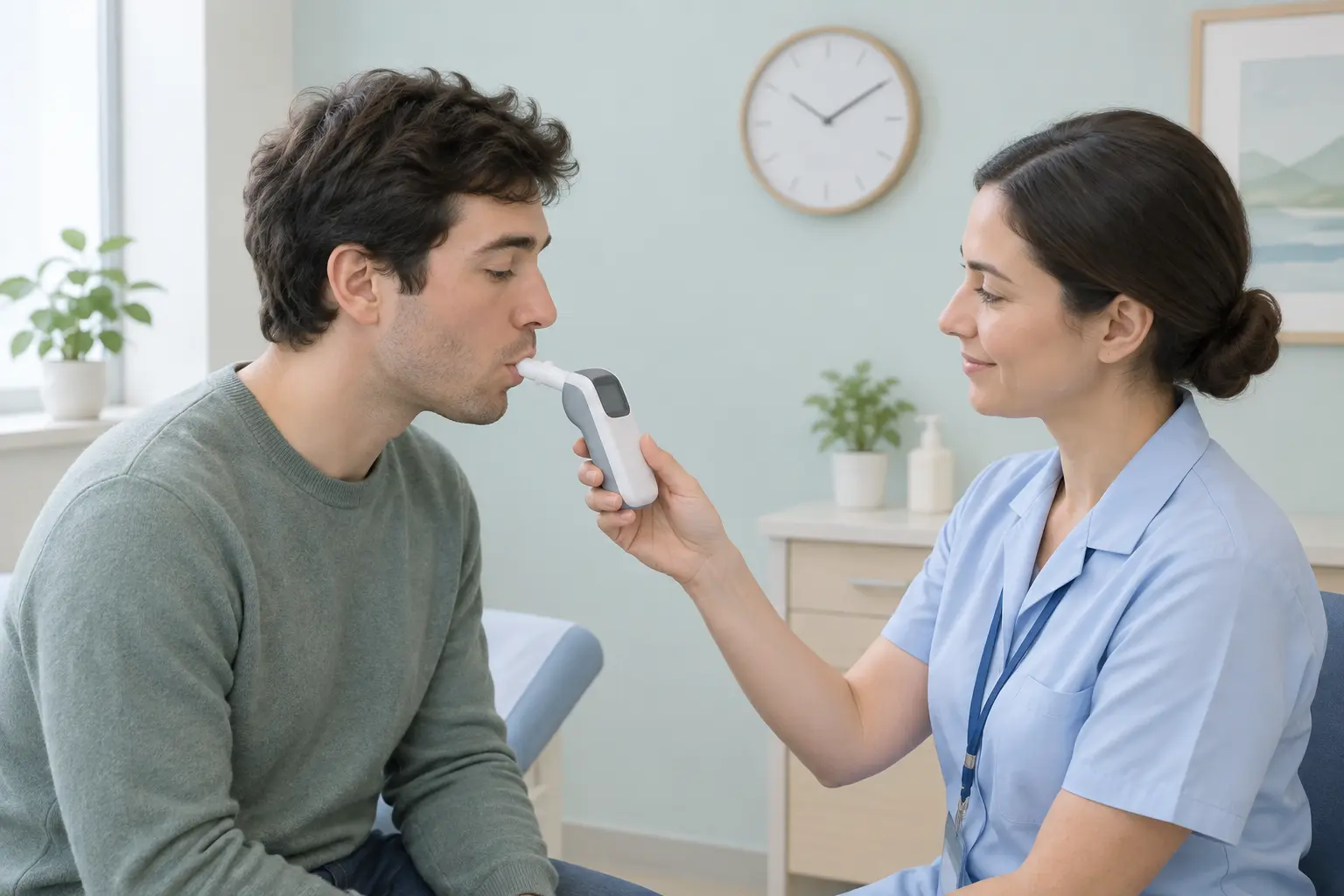 Illustration of a person blowing into a handheld breath monitor during a carbon monoxide check with a health advisor