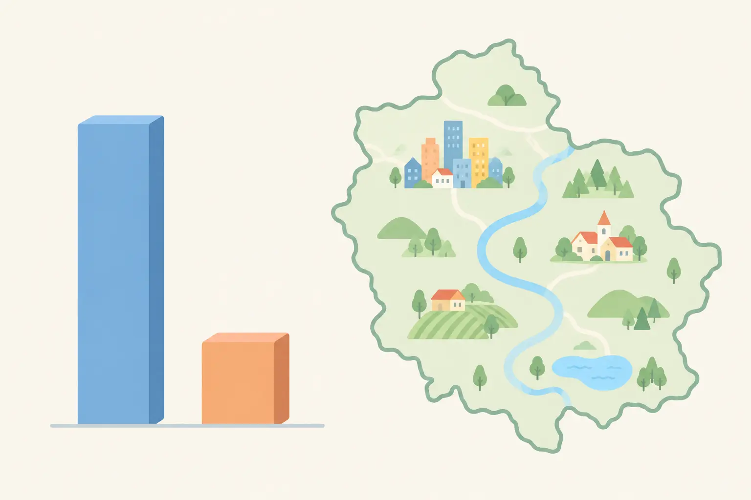 Illustration of two bar columns of different heights beside a map outline representing the gap in smoking between deprived and affluent areas