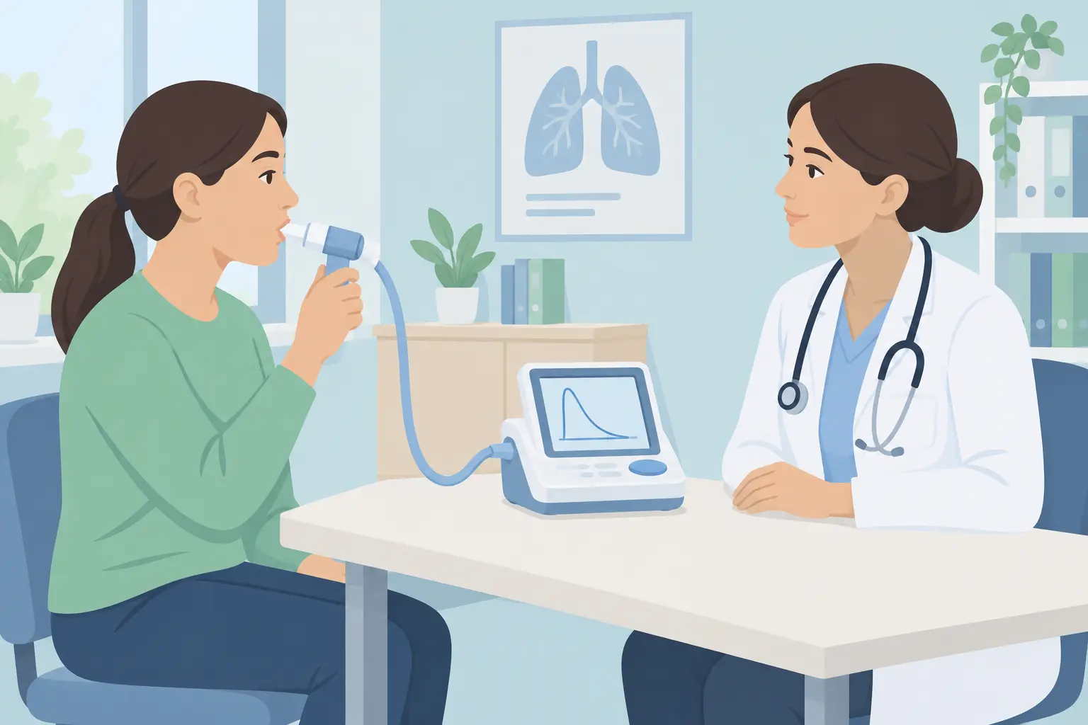 Illustration of a doctor and patient with a spirometer during a lung function breathing test