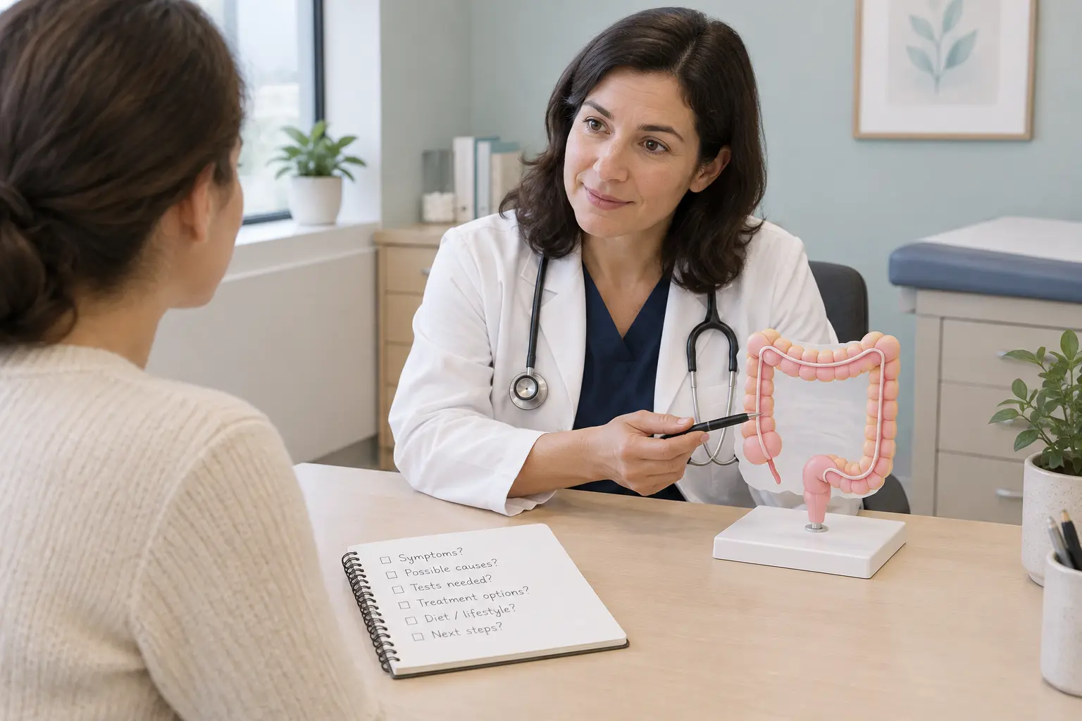 Illustration of a patient with a list of questions talking with a gastroenterologist in a calm clinic room