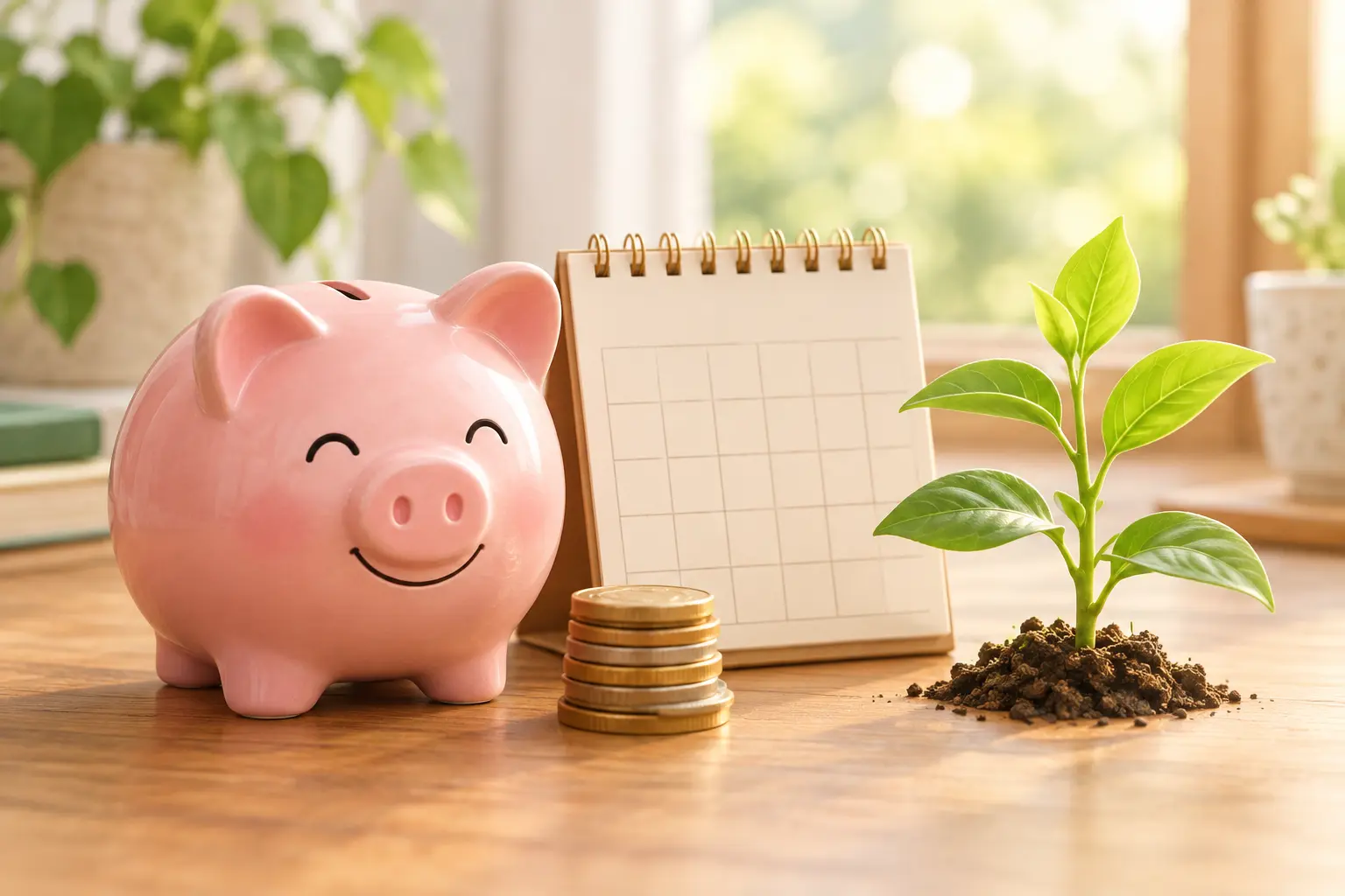 Illustration of a piggy bank beside a calendar and coins showing savings after quitting smoking