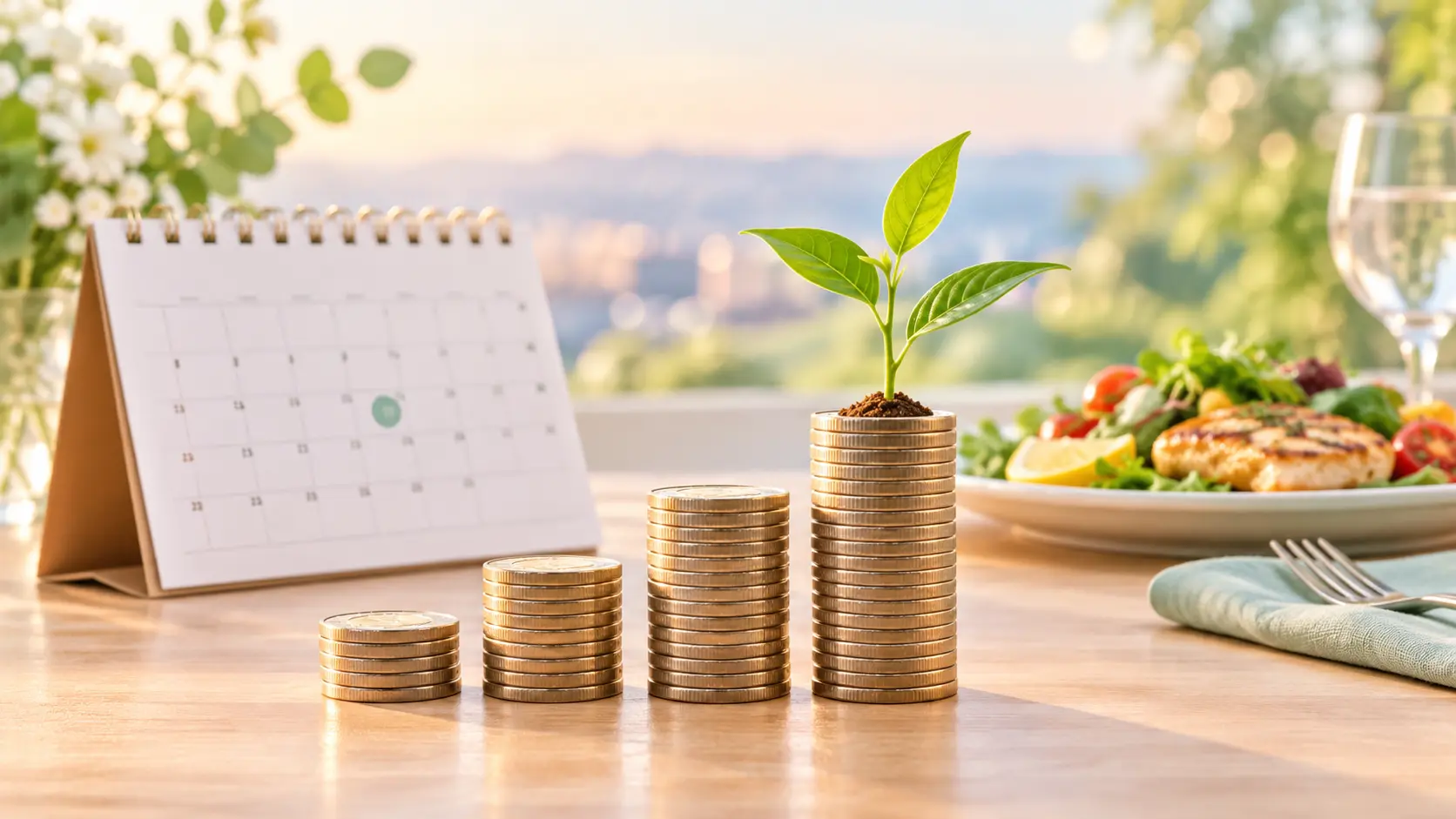 Illustration of growing coin stacks with a green sprout and a dinner plate representing money saved