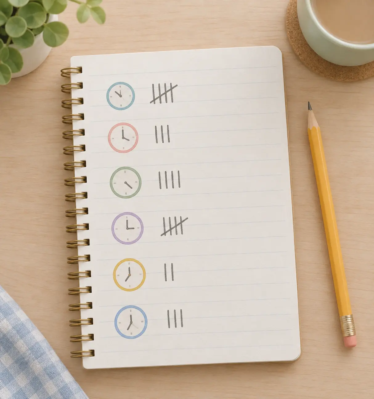 Notebook page with tally marks and small clock icons recording when each cigarette was smoked