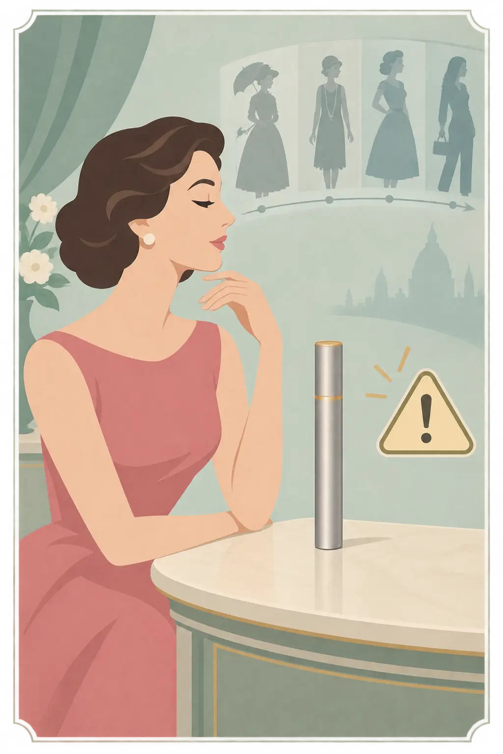 Illustration of an advertisement frame with an elegant silhouette and a caution sign representing slim cigarette marketing