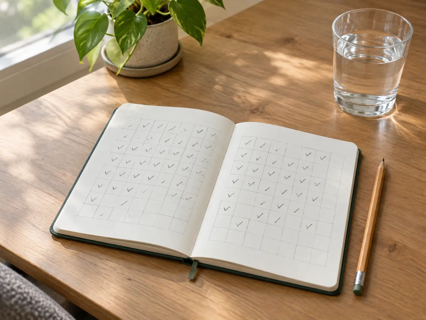 Open notebook with a grid of tick marks and a pencil used to count smoke-free days and logged cravings