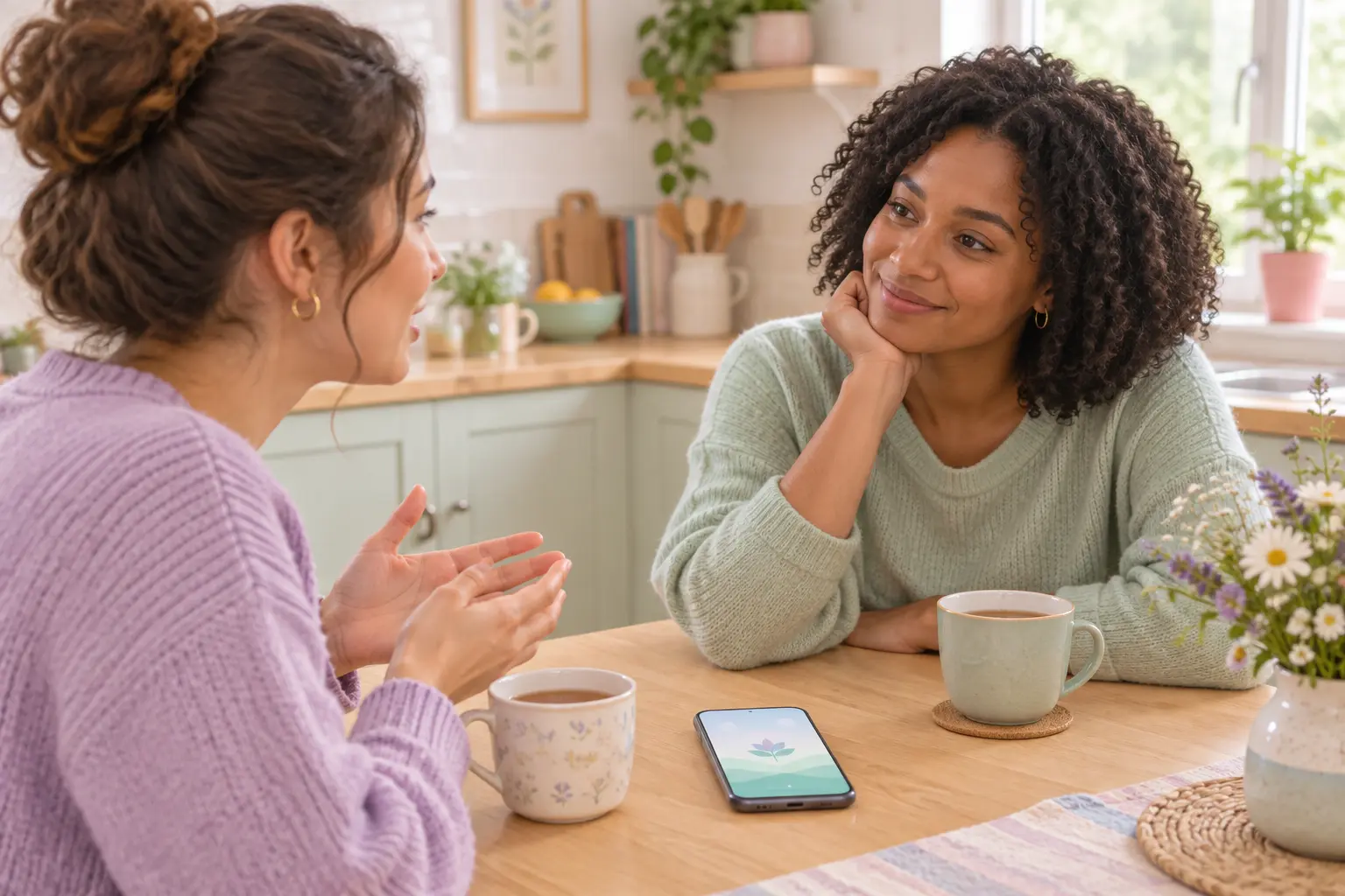 Illustration of two people talking kindly over tea at a kitchen table with a phone resting between them