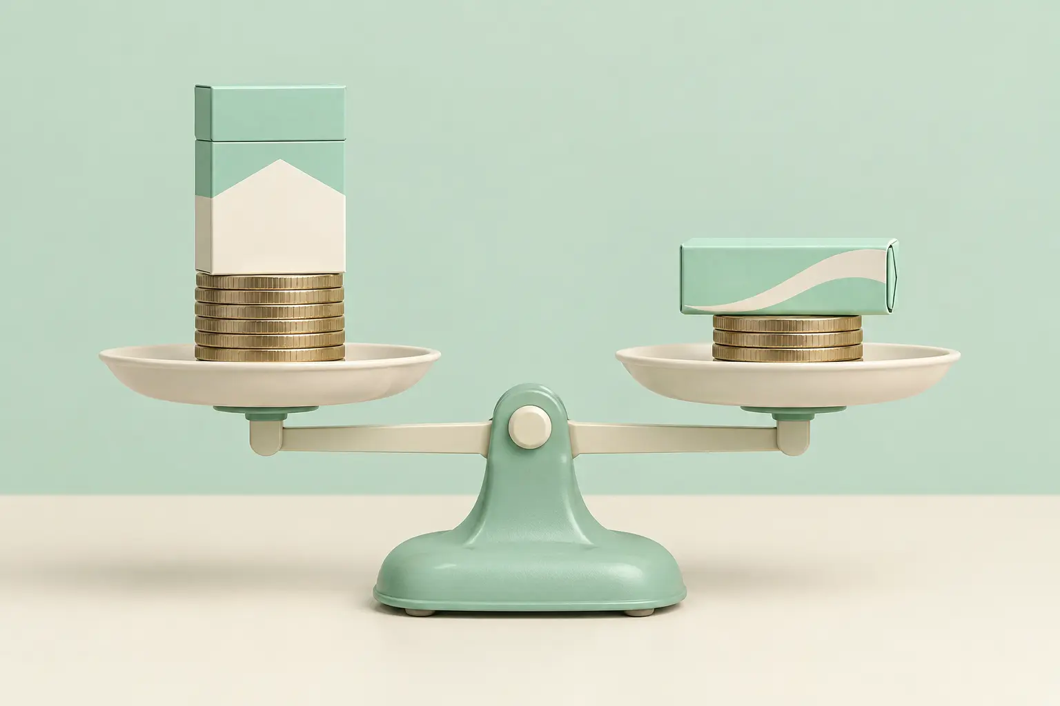 Balance scale comparing a pile of coins for cigarettes against a lighter pile for nicotine gum