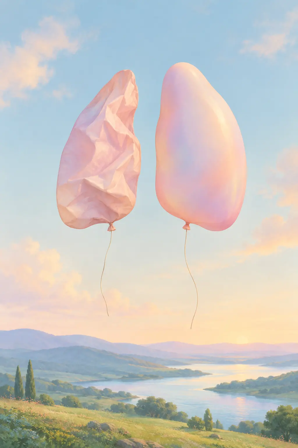 Stylized illustration of two balloon shapes, one crumpled and one full, representing smoking-affected and healthy lungs