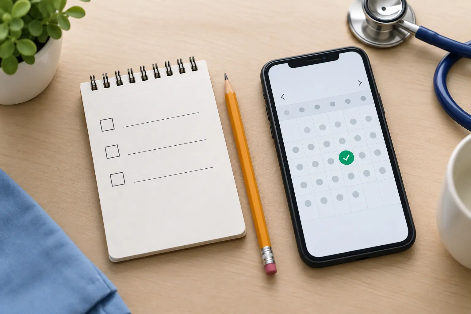 Illustration of a notepad checklist and a phone calendar for preparing what to say at a doctor visit about quitting smoking