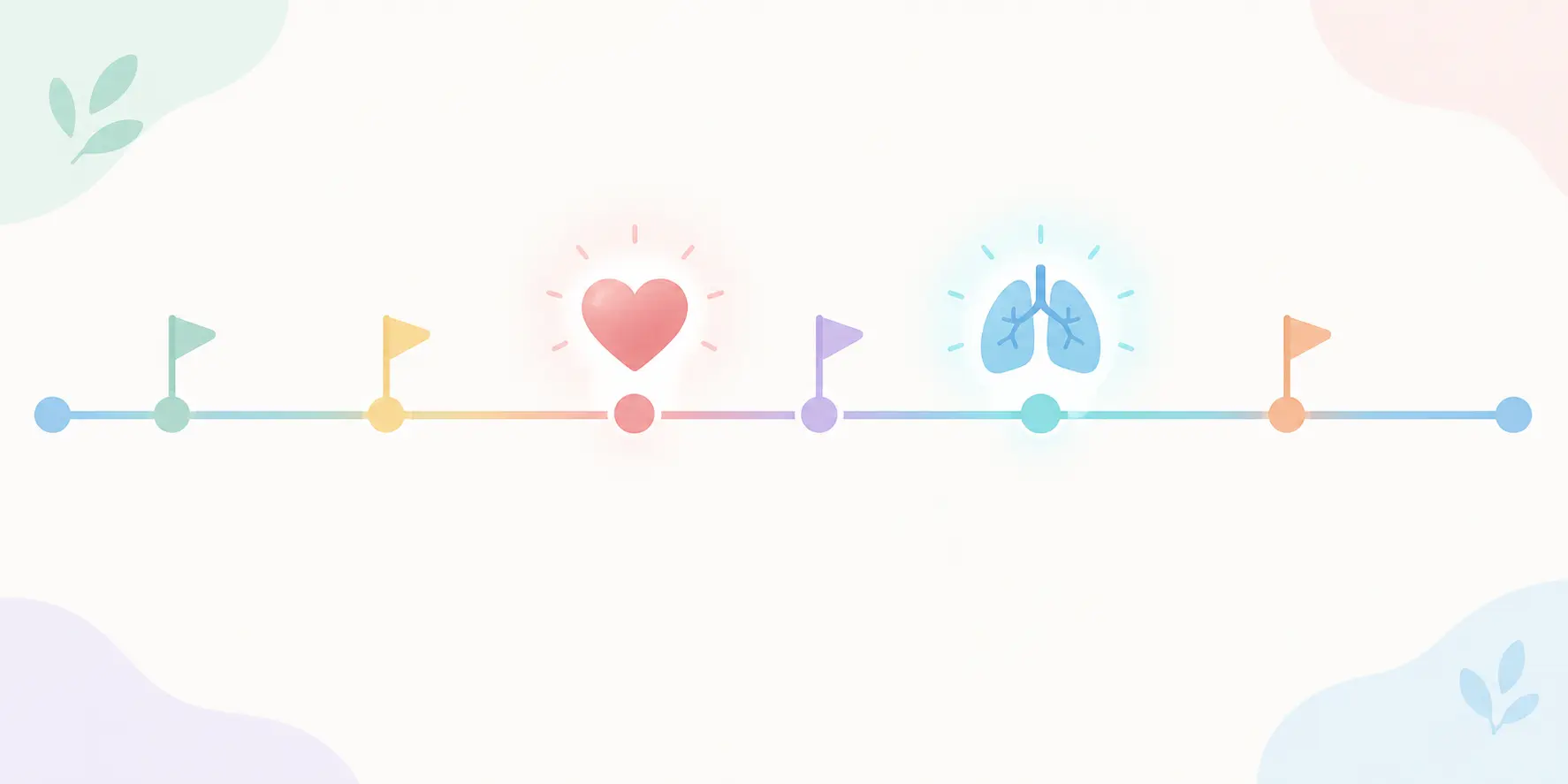 Winding timeline path with milestone flags beside heart and lung icons showing health milestones after quitting smoking